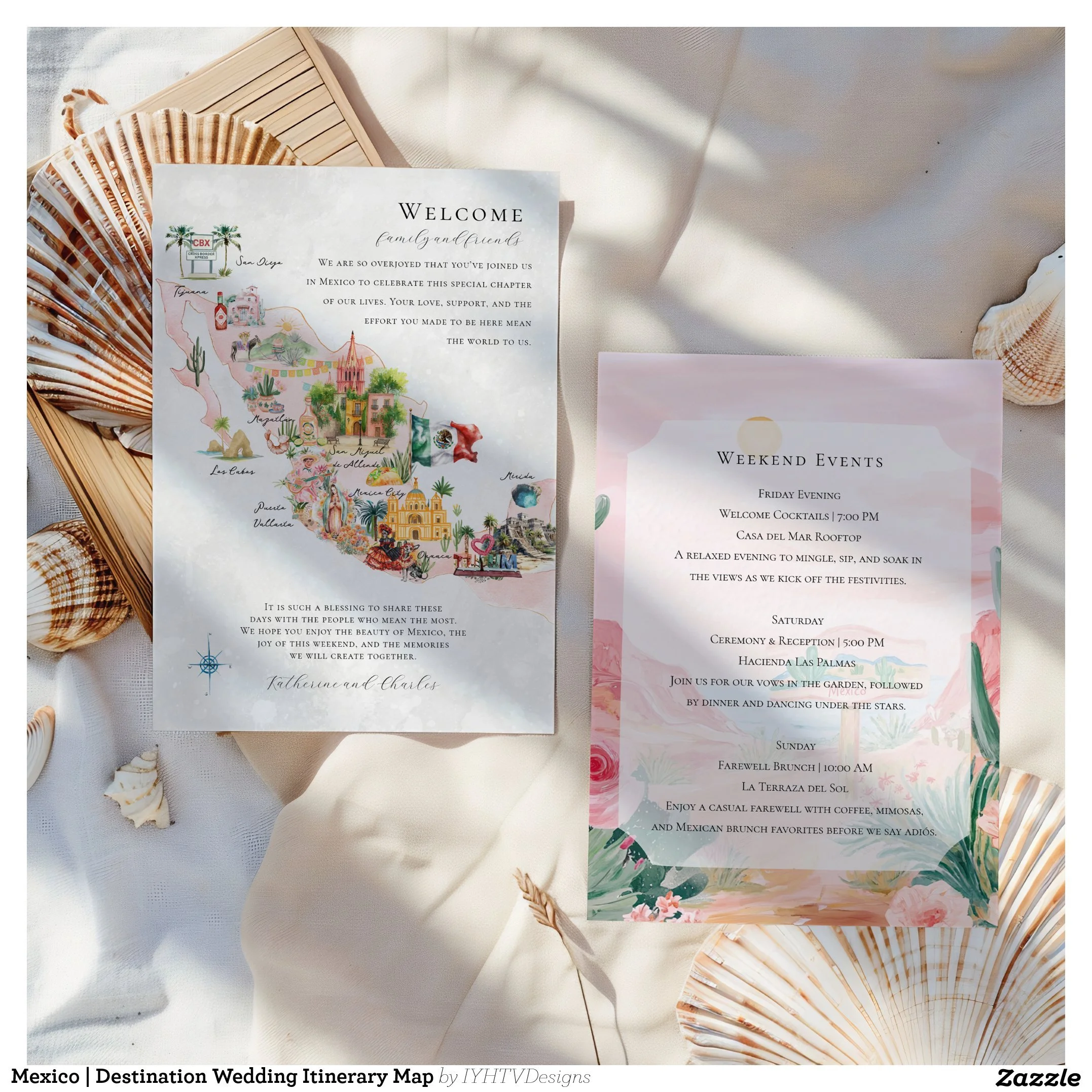 Mexico Destination Wedding Watercolor Itinerary Map Invitation Set