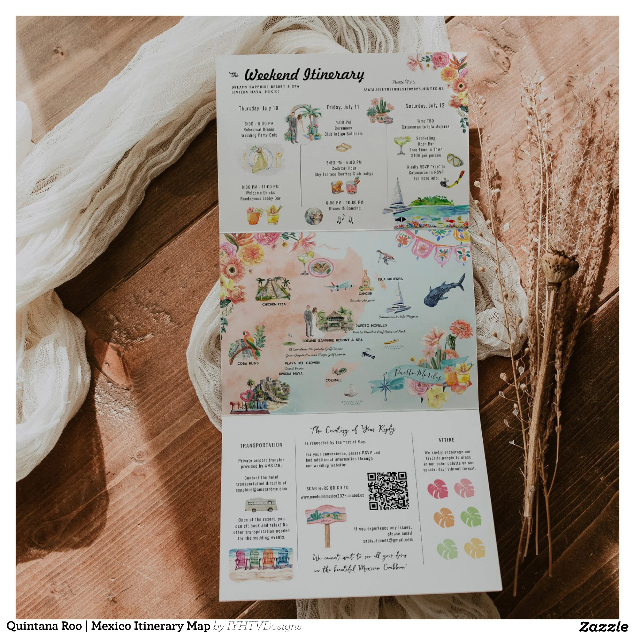 Quintana Roo Mexico Destination Wedding Watercolor Itinerary Map