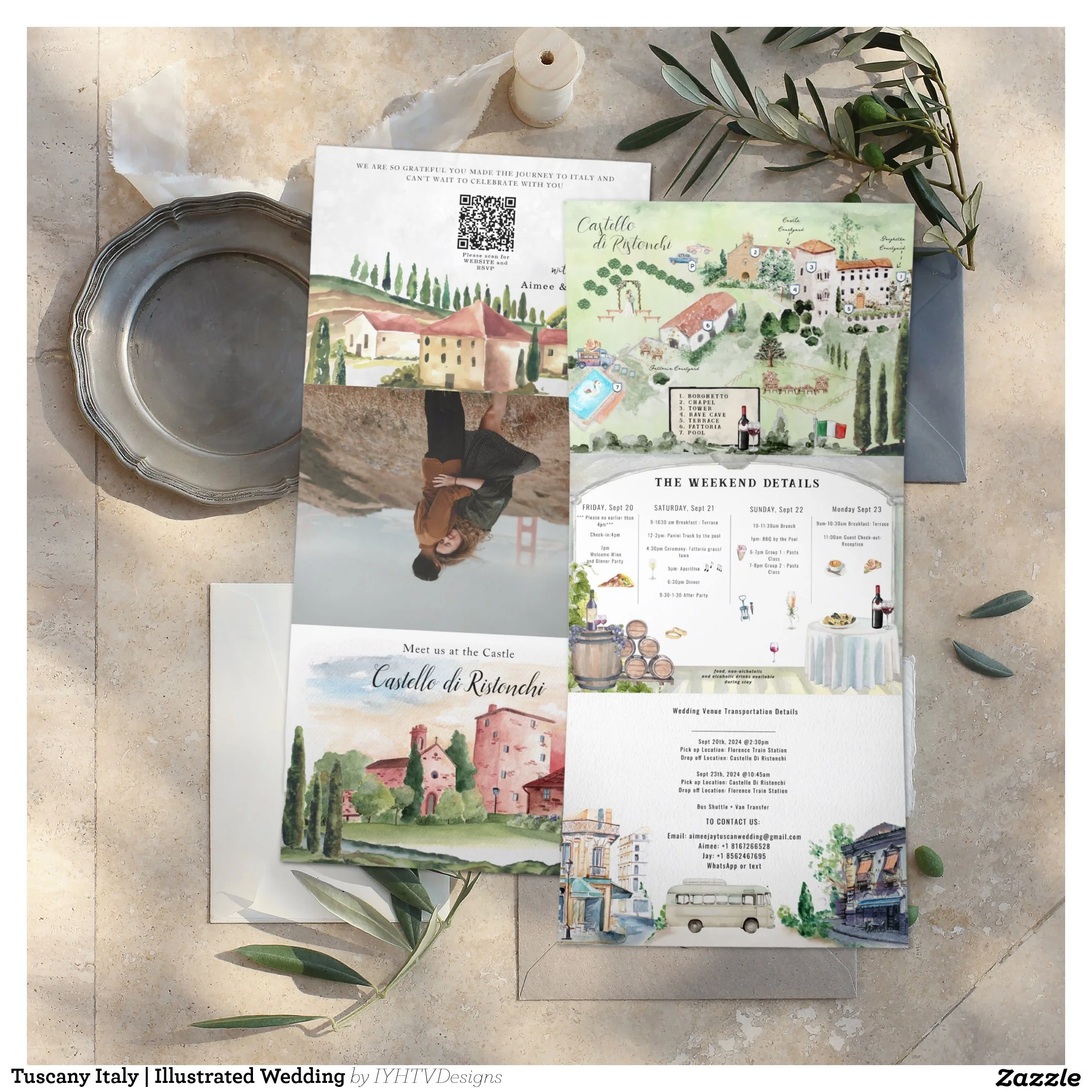 Castello di Ristonchi Tuscany Italy Watercolor Wedding Map Invitation Suite