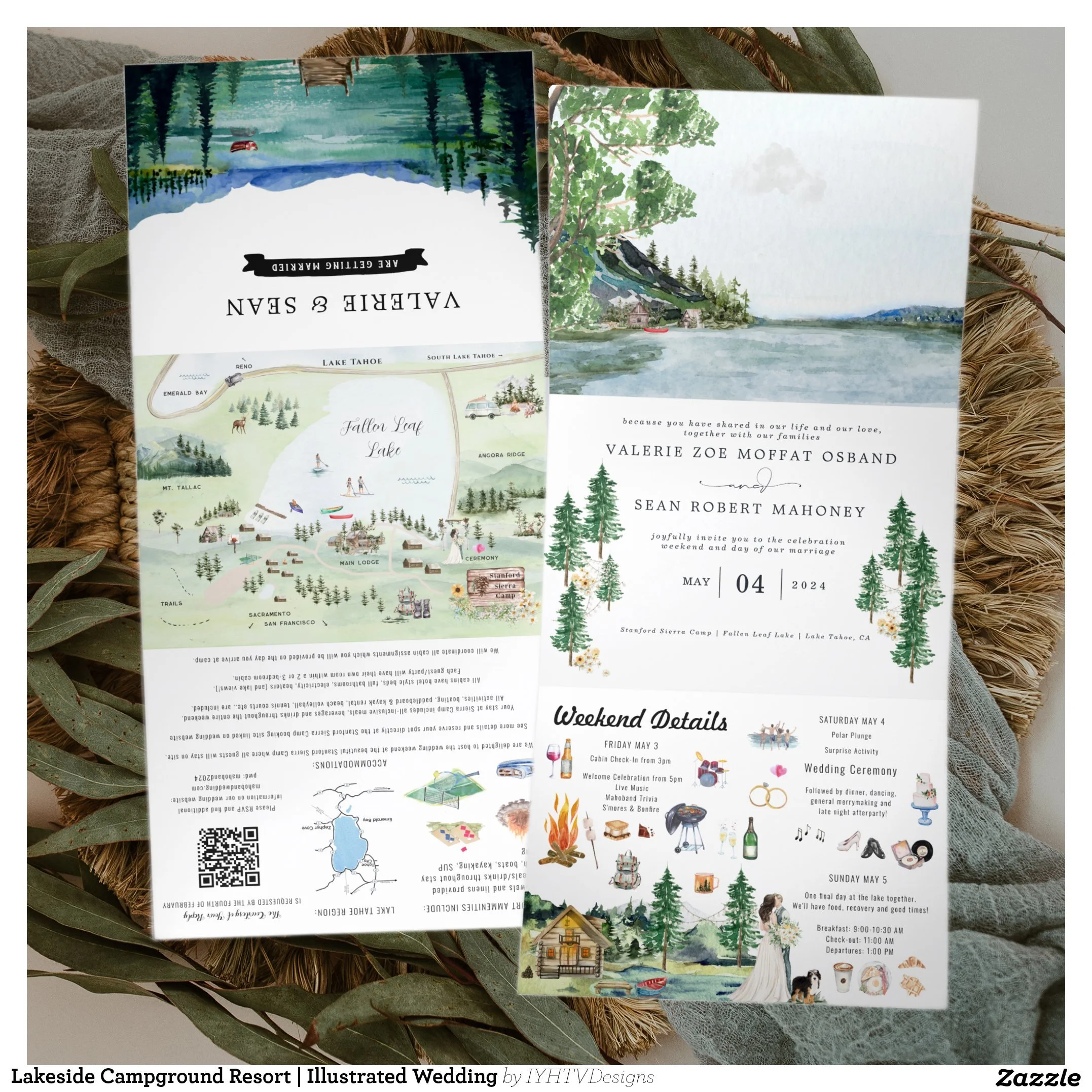 Lake Tahoe Campground Resort Watercolor Wedding Map Invitation Suite