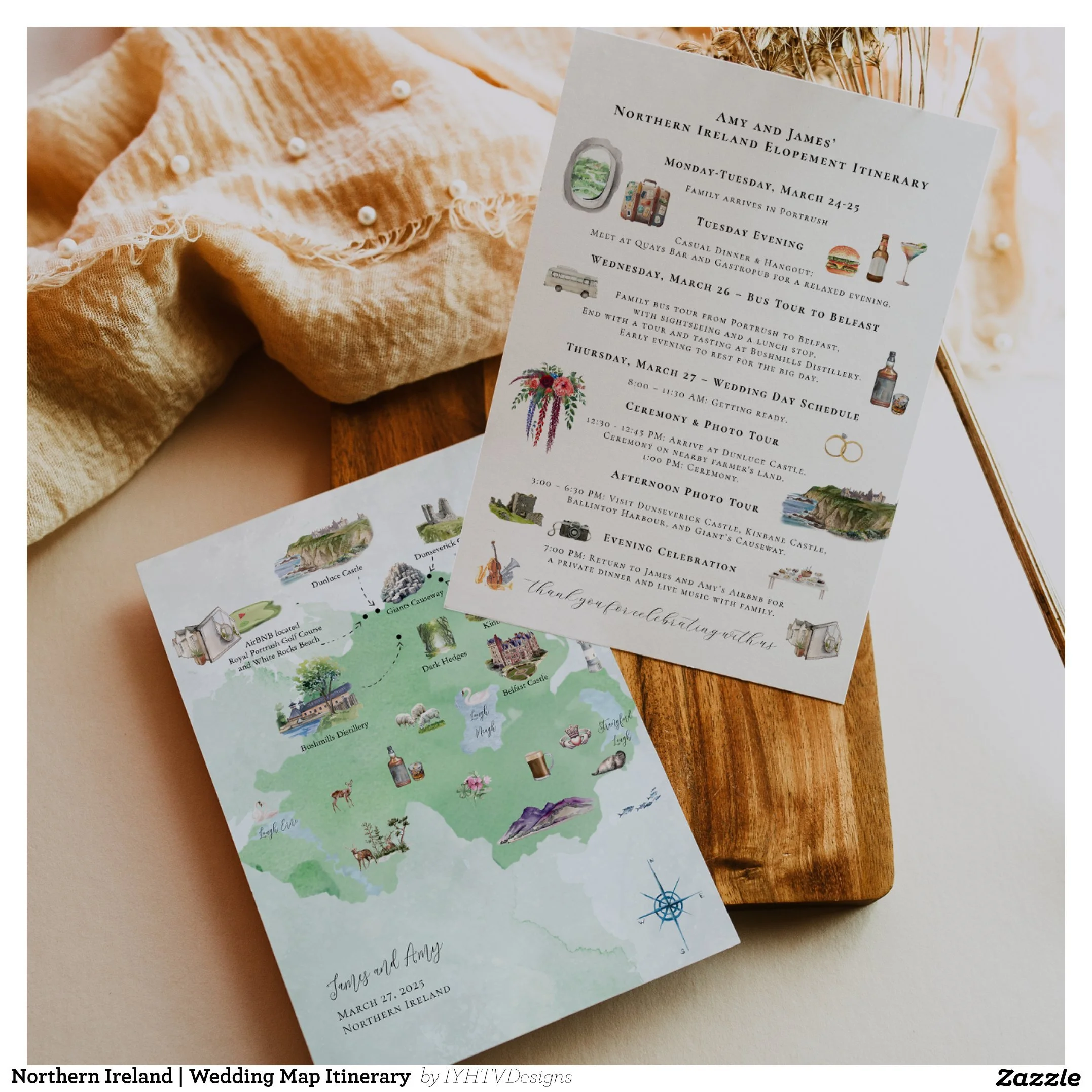 Northern Ireland Elopement Watercolor Wedding Map Itinerary