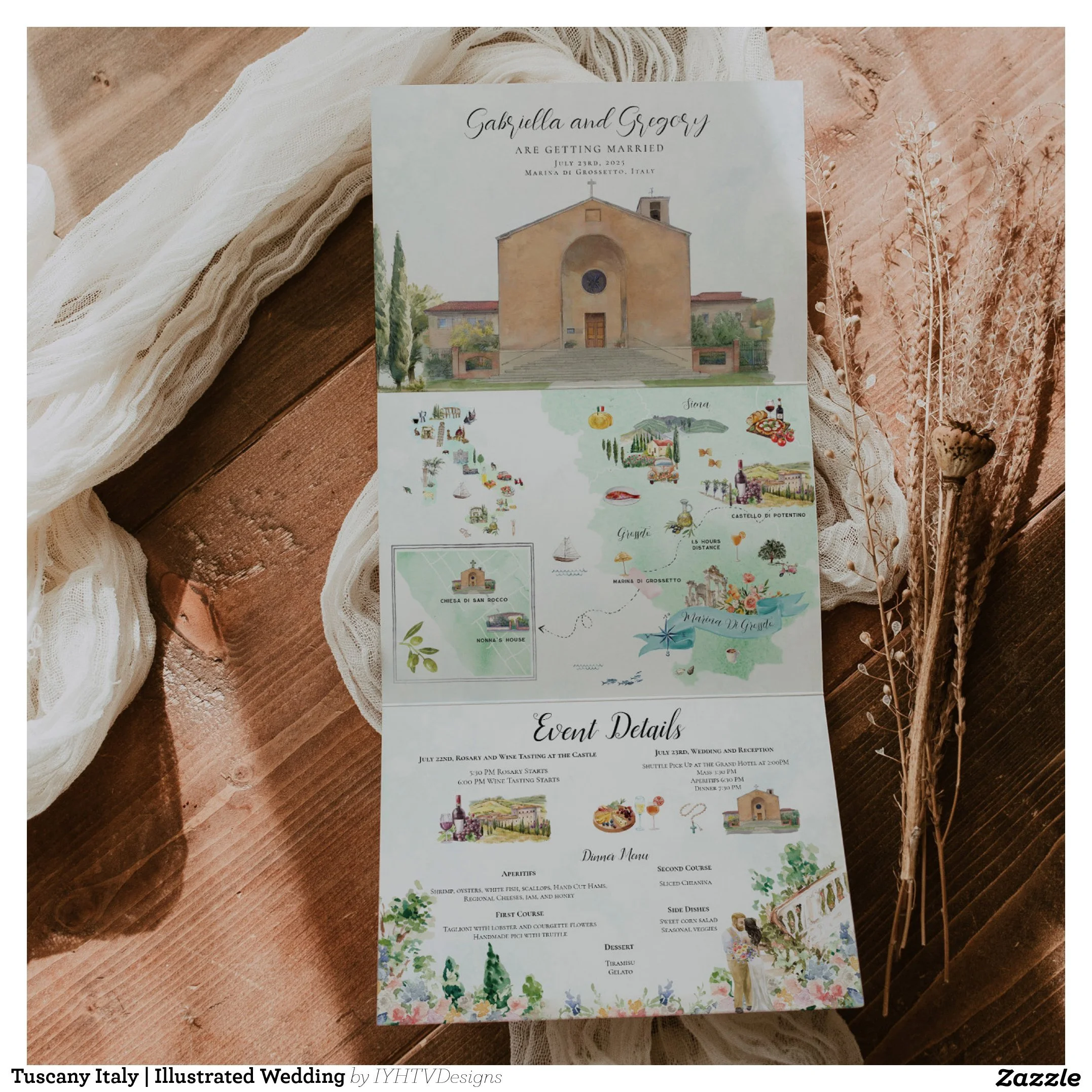 Tuscany Italy Coastal Wedding Watercolor Map Invitation Suite
