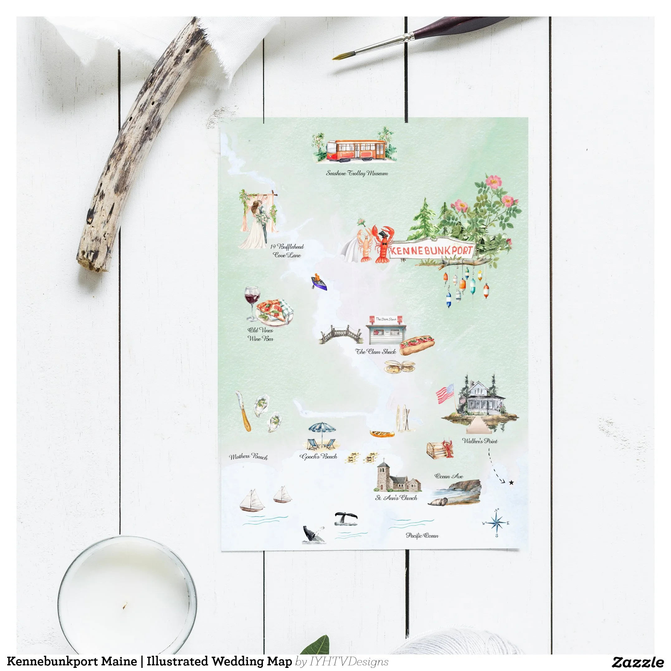 Kennebunkport Maine Coastal Watercolor Wedding Map Illustration
