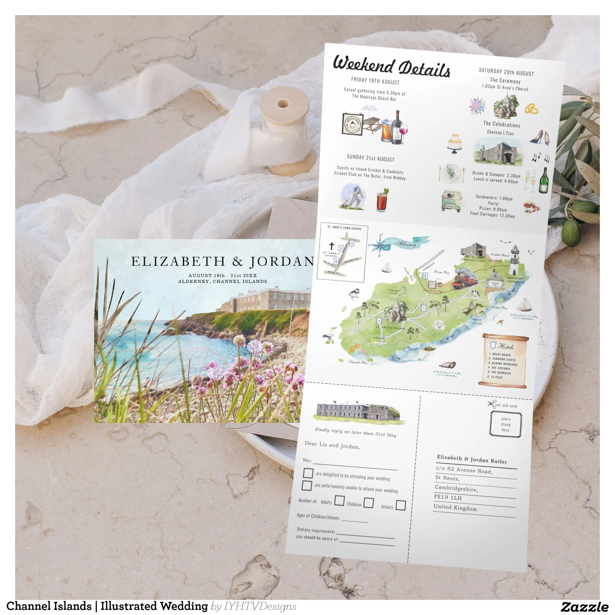 Channel Islands Alderney Watercolor Destination Wedding Map and Itinerary