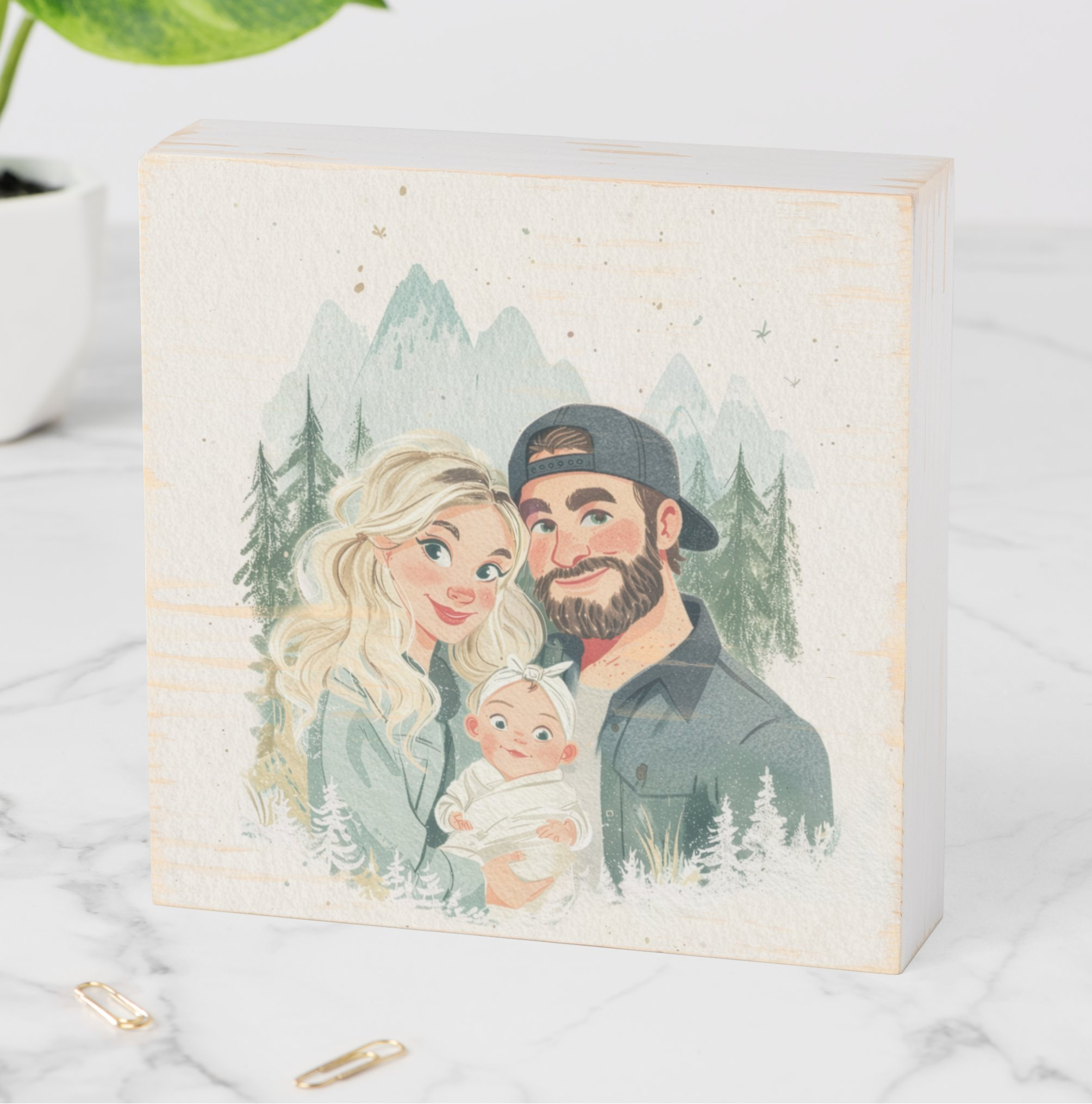 Custom Watercolor Family Portrait on Wood – Personalized Keepsake Block