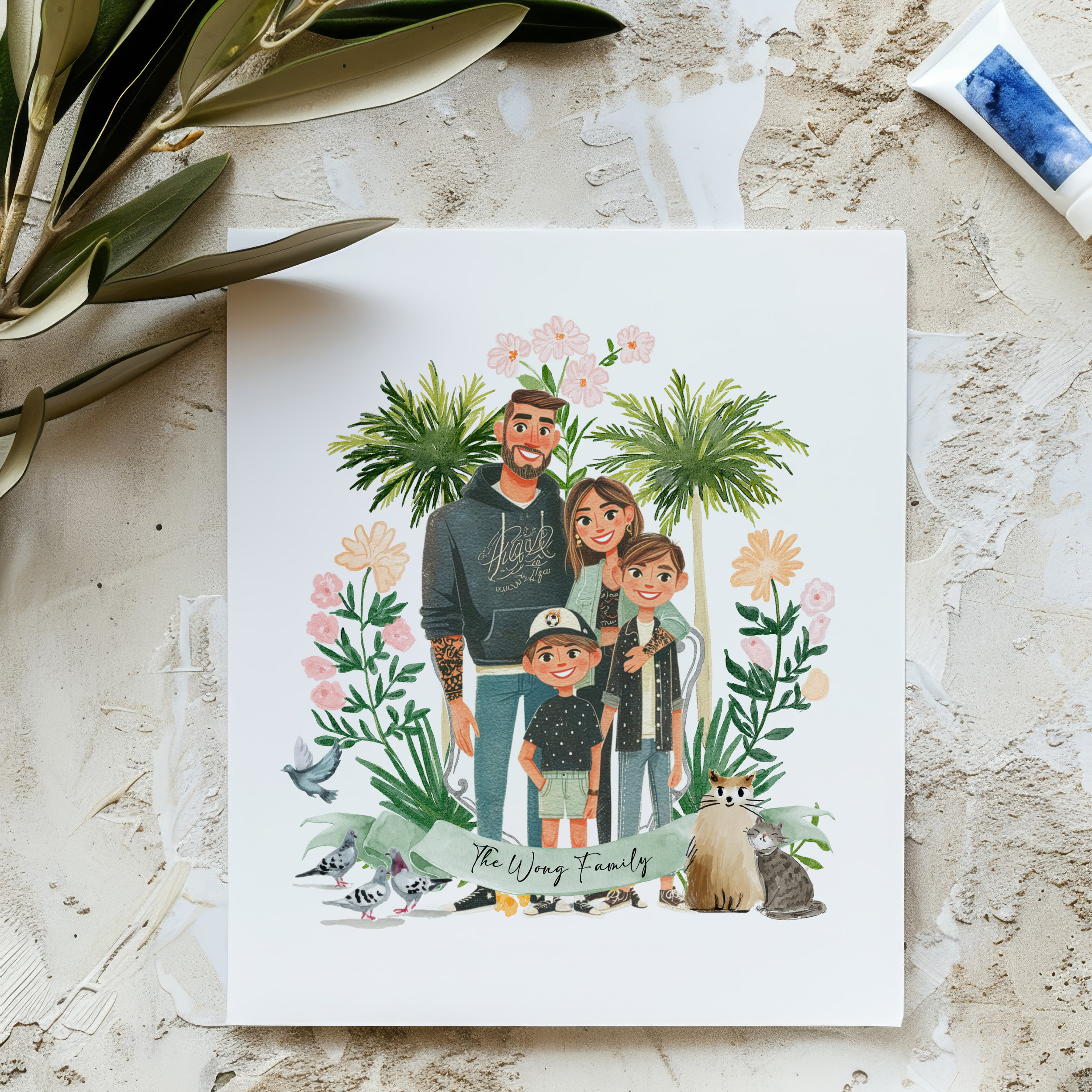 Custom Watercolor Family Portrait – Hand-Painted Personalized Artwork