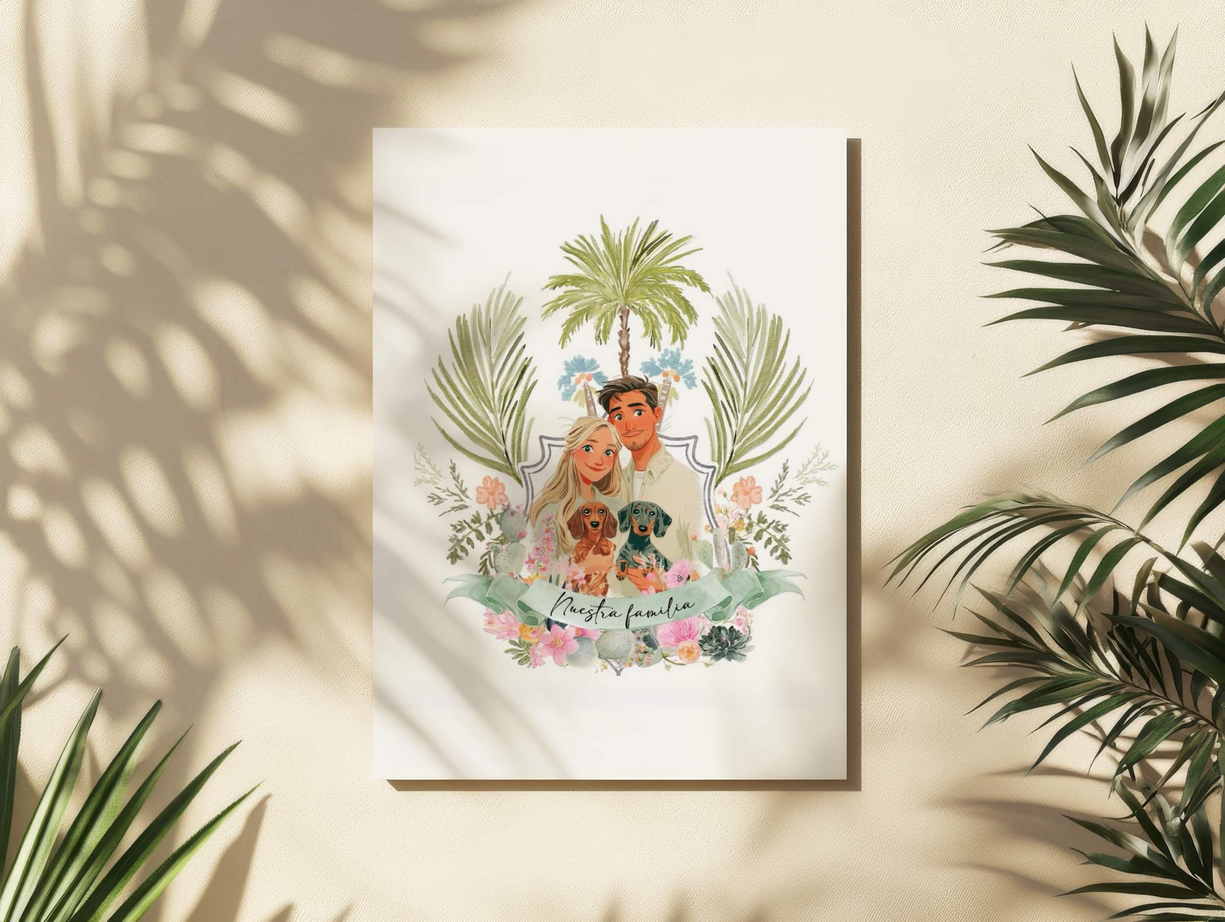 Custom Watercolor Couple Portrait with Pets – Tropical Family Illustration
