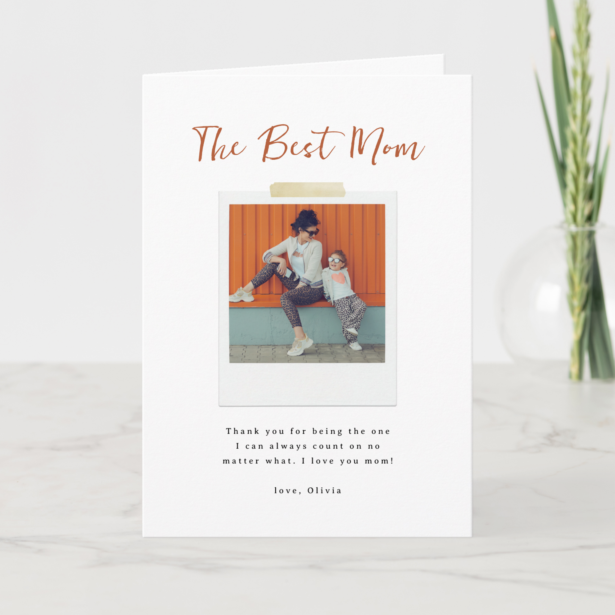 Minimal best mom photo card with personalized message and polaroid style image