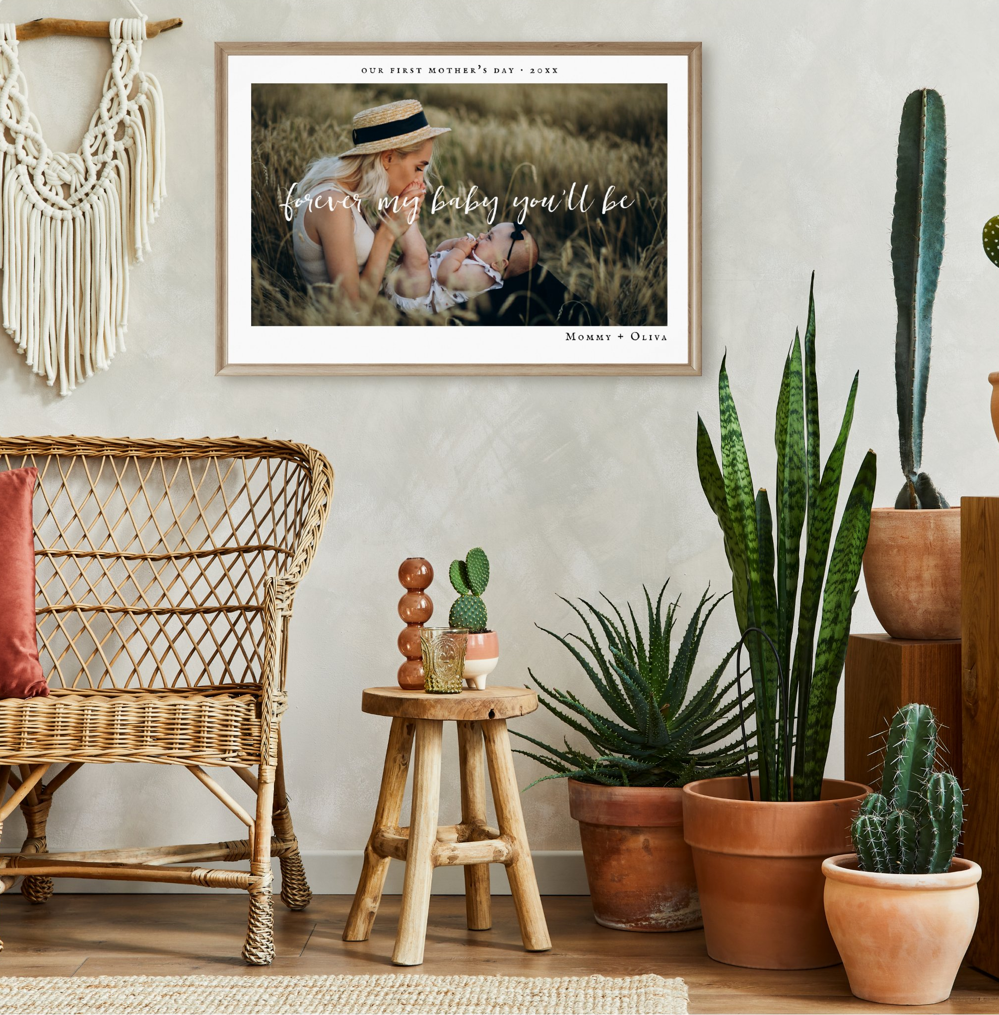 First Mother’s Day personalized photo poster displayed in boho living room
