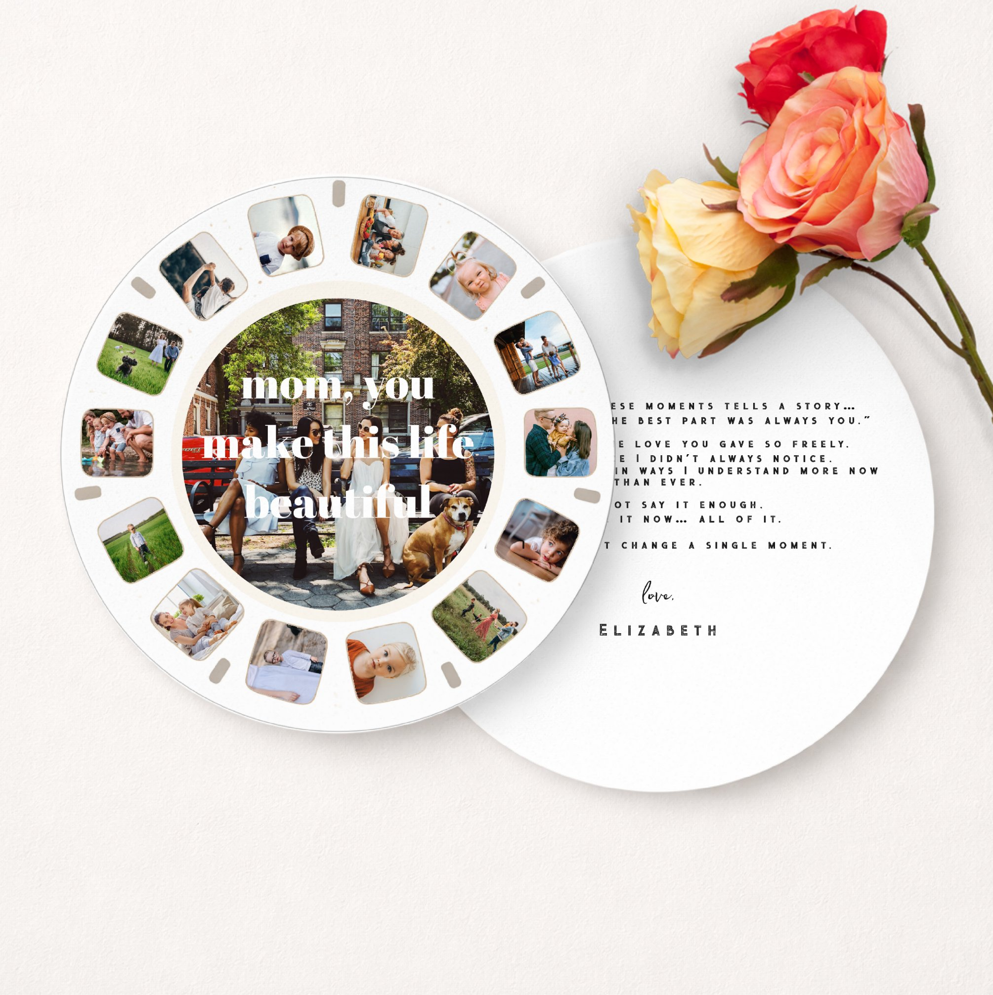 Round Mother’s Day photo card with multiple images and personalized message