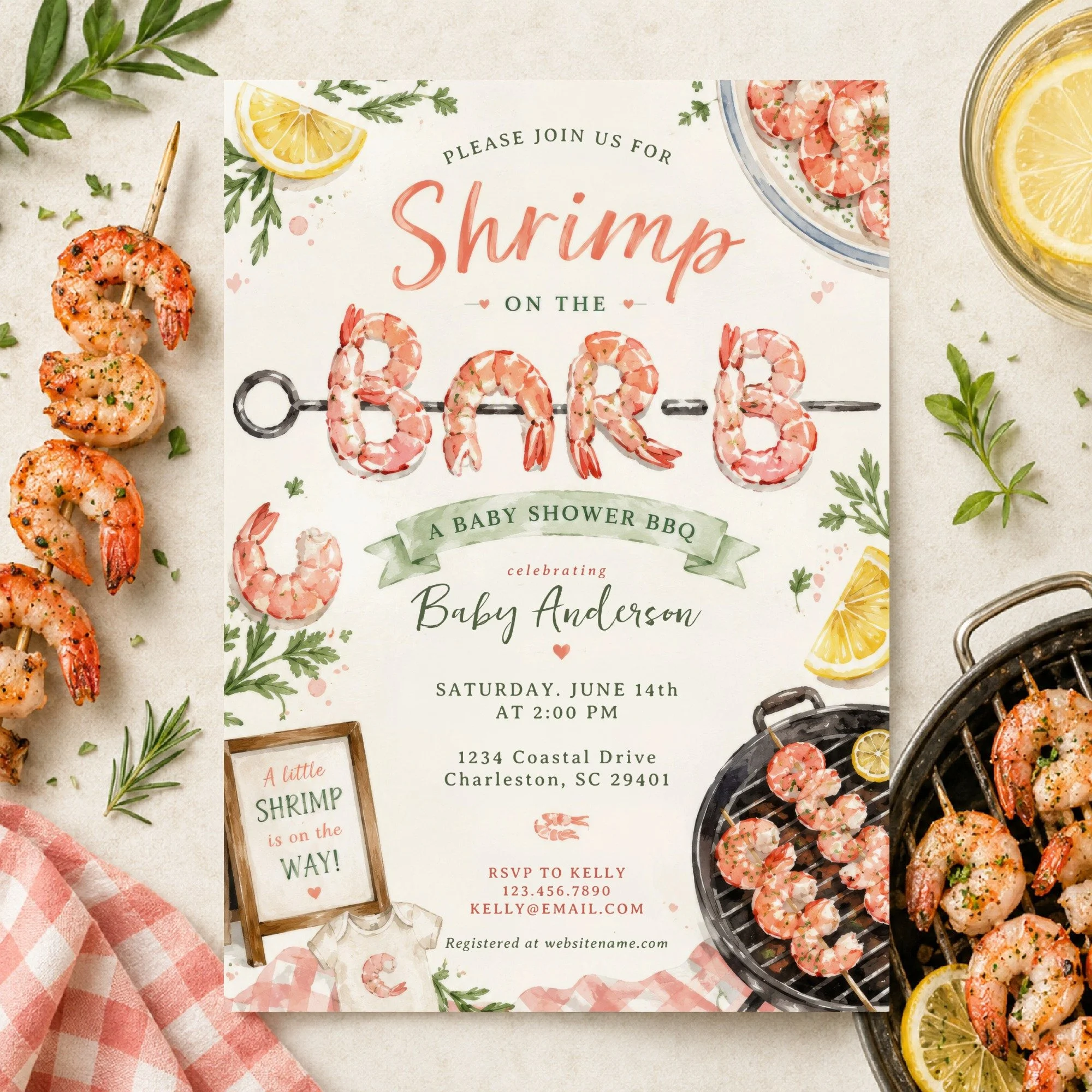 Some themes make you stop scrolling. 🦐💕

This custom baby shower invitation started with a simple idea: "Shrimp on the Bar-B."

A summer Baby-Q celebrating a little shrimp on the way, complete with watercolor shrimp skewers, fresh lemons,