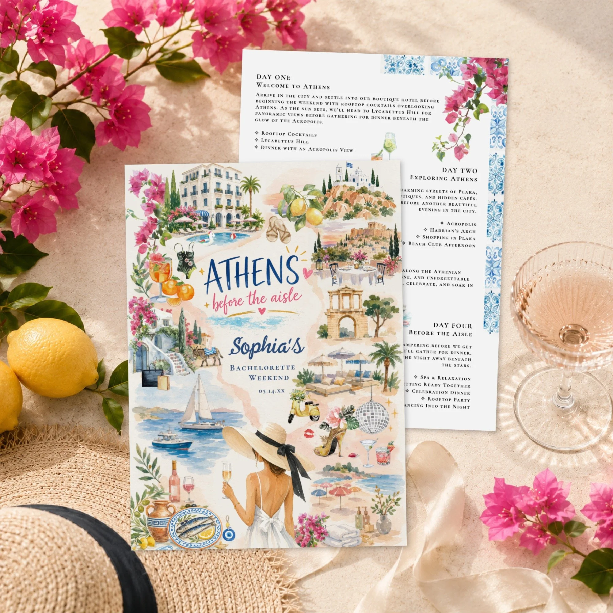 One of my favorite things to design is travel-inspired stationery that feels like a keepsake long after the event is over.

This Athens bachelorette invitation was imagined as part itinerary, part travel journal, and part souvenir from an unforgettab