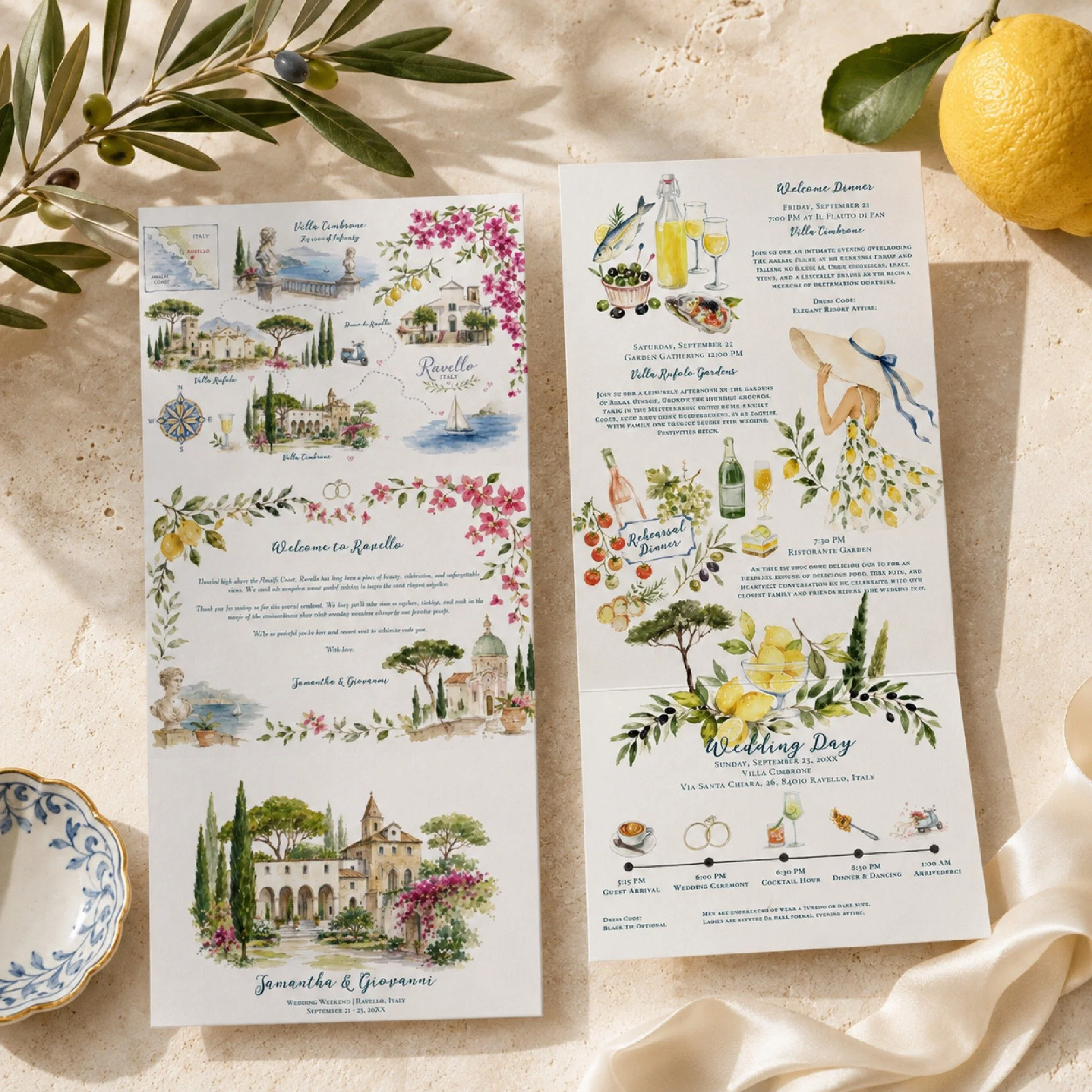 🇮🇹✨ Ravello, Italy ✨🇮🇹

Inspired by the romance of the Amalfi Coast, this illustrated wedding trifold invitation was designed to feel like a keepsake travel journal guests would treasure long after the celebration.

Featuring hand-painted waterco