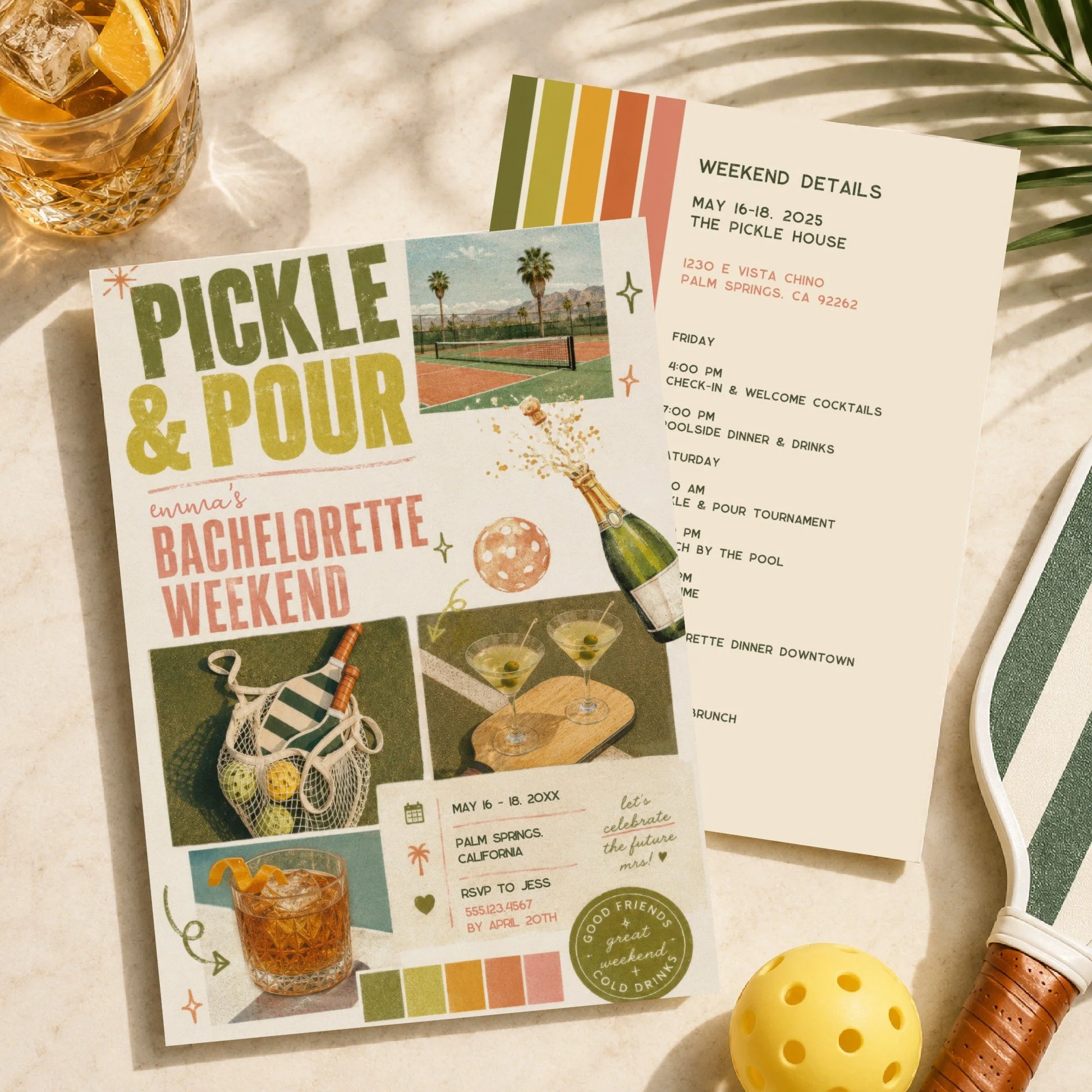 Pickleball bachelorettes are still having their moment, so I couldn't resist creating a retro-inspired version 🎾🍸

This "Pickle &amp; Pour" invitation combines all the ingredients for a perfect girls' weekend: pickleball, poolside cocktai