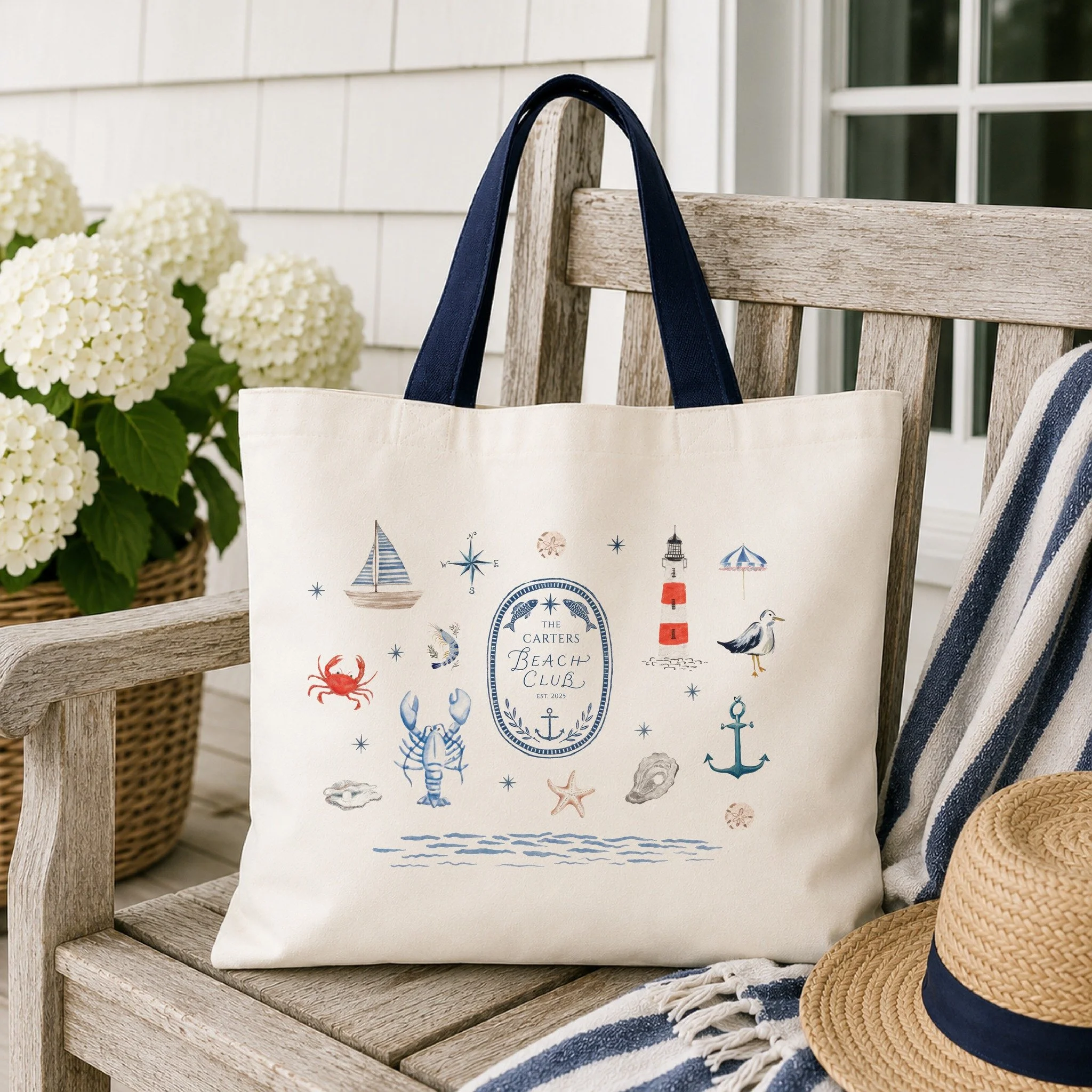 There is just something about a personalized wedding welcome bag waiting for guests at a coastal wedding weekend. 🤍⚓️

Inspired by Nantucket summers, vintage yacht clubs, and heirloom seaside traditions, this custom Beach Club Crest tote is designed
