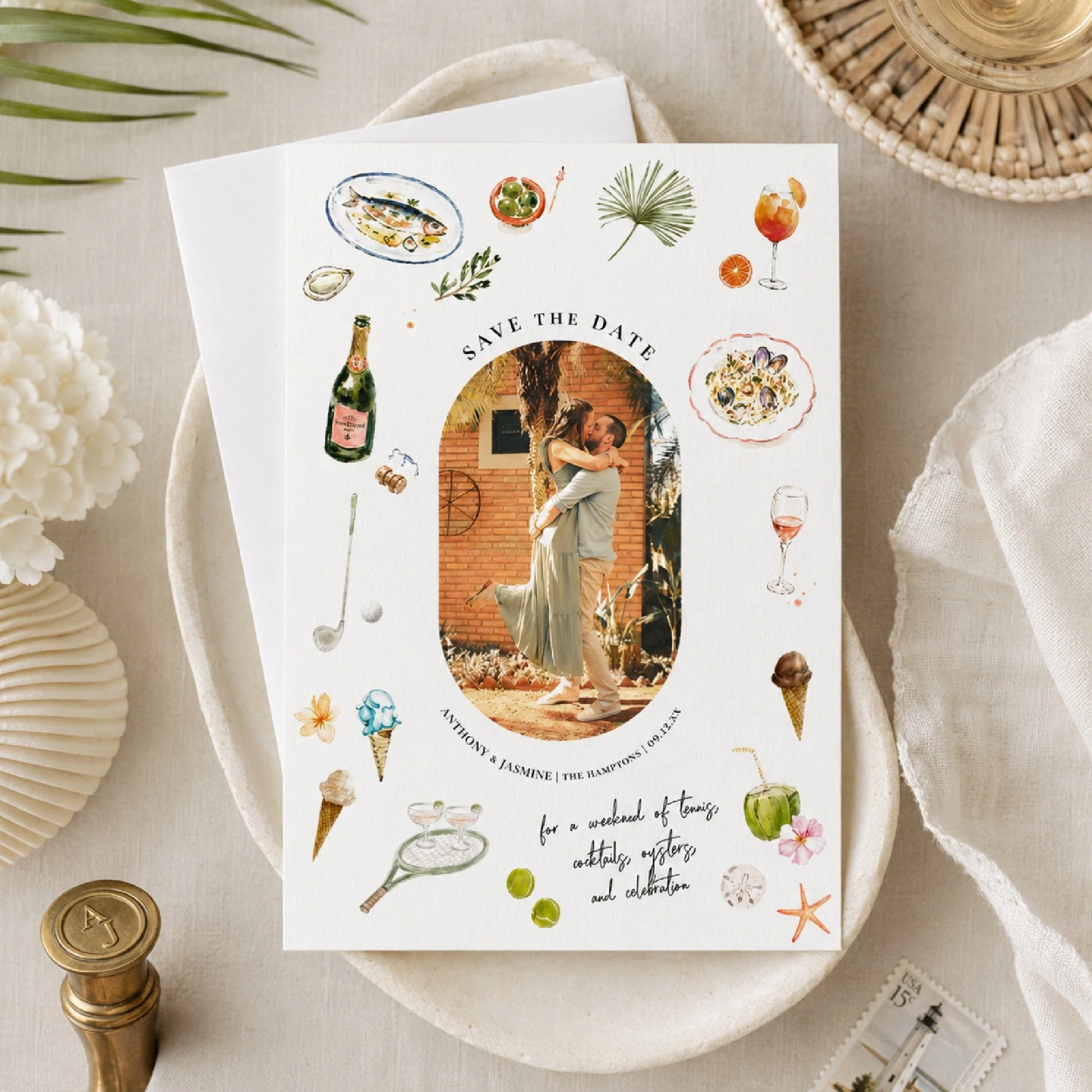 I've become a little obsessed with the idea that a save the date shouldn't just tell people when and where you're getting married. It should tell them who you are.

The Saturday morning tennis matches. The spontaneous Aperol spritzes. The oysters sha