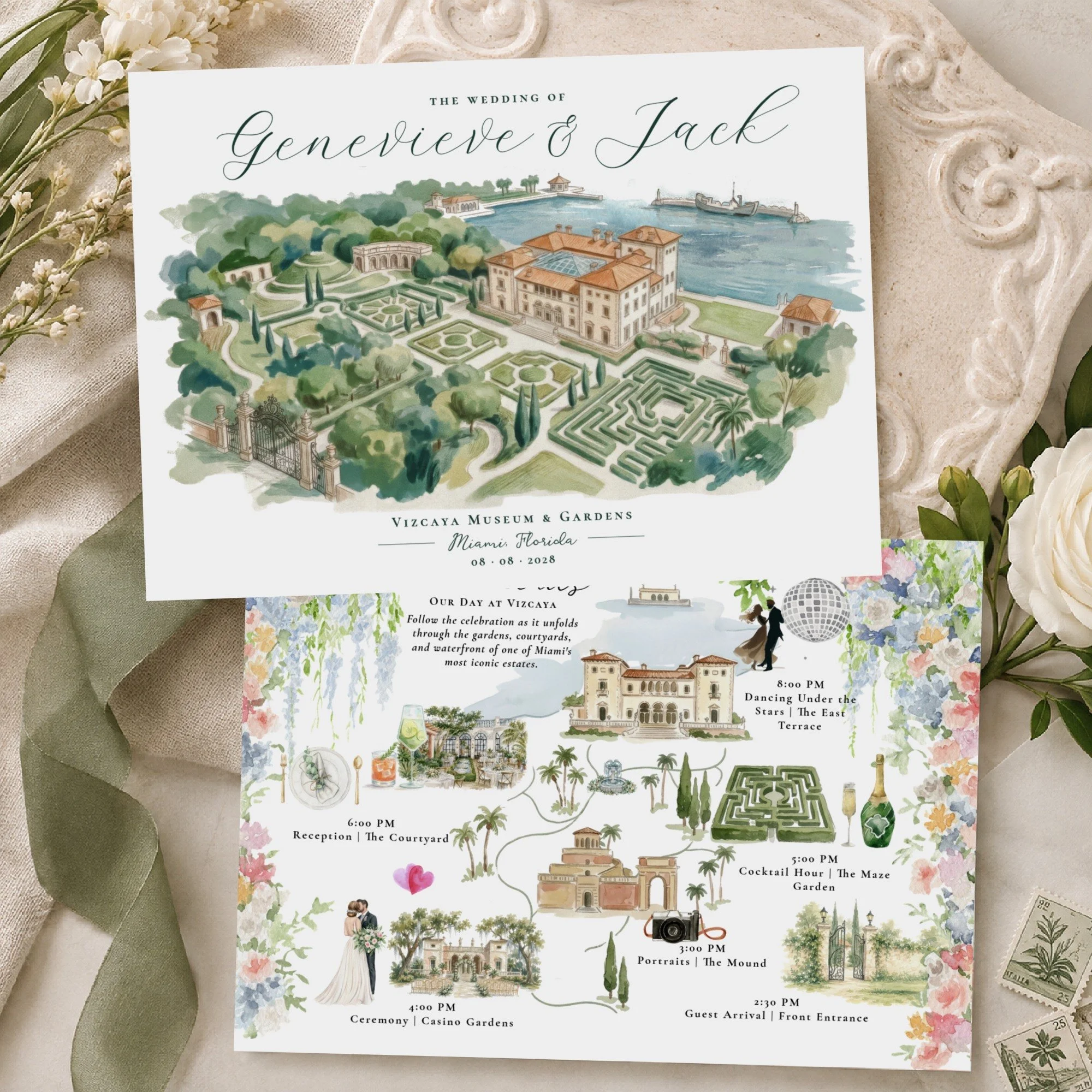 Some wedding itineraries simply tell guests where to be.

I wanted this one to tell the story of the day.

Inspired by the timeless beauty of Vizcaya Museum &amp; Gardens in Miami, this design begins with an illustrated aerial portrait of the estate 