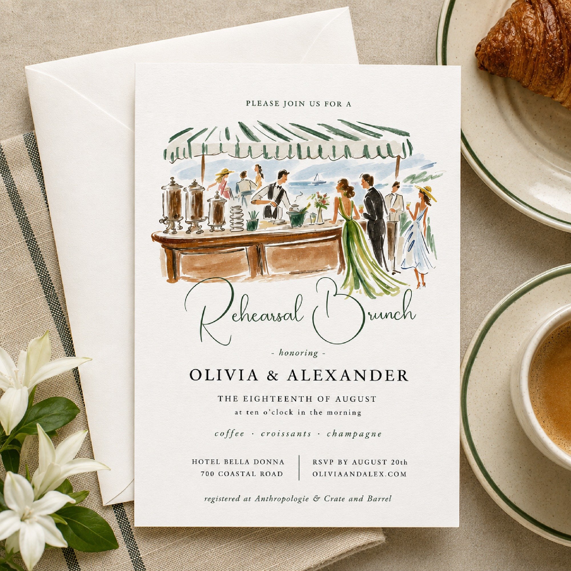 There&rsquo;s something about a rehearsal brunch that feels effortlessly chic. ☕🥐

This new invitation was inspired by vintage European caf&eacute;s, striped awnings, long mornings over coffee, and those wonderfully loose fashion illustrations that 