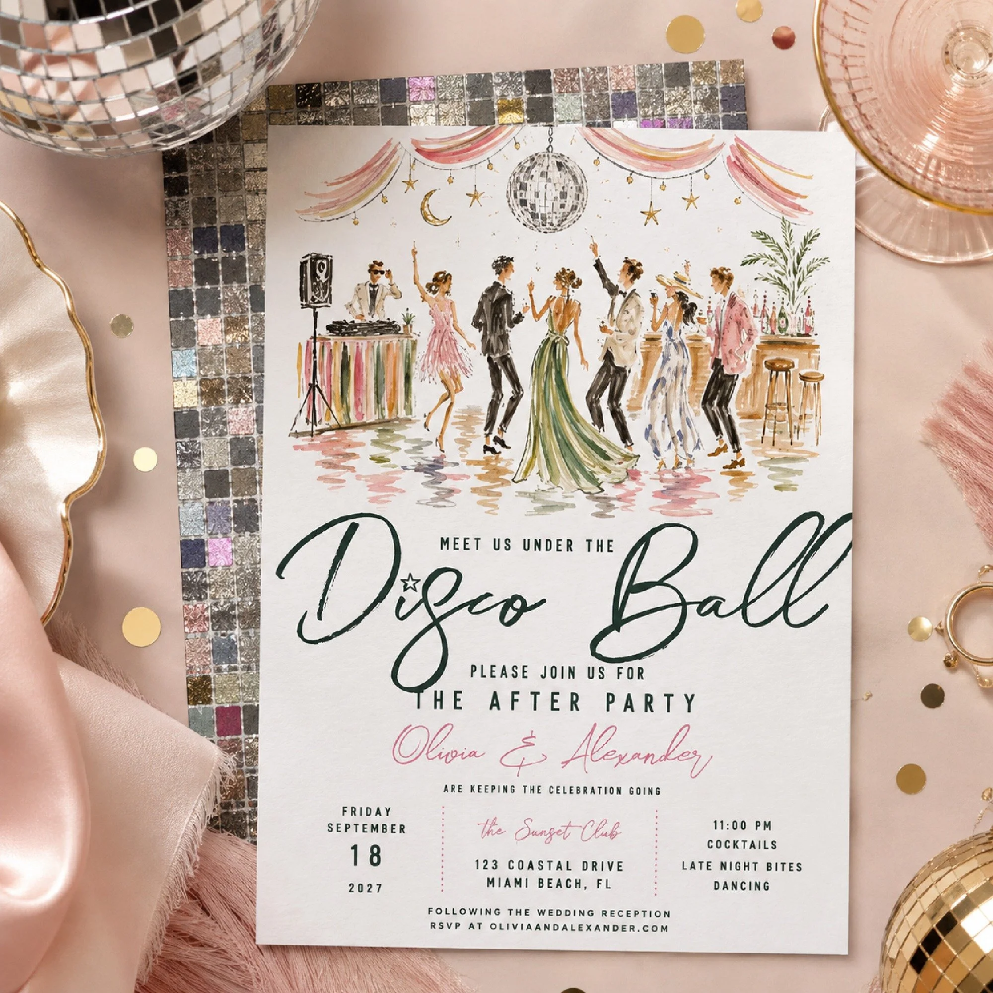 Meet me under the disco ball. 🪩✨

Because sometimes the reception ending just means it&rsquo;s time for the after party.

I wanted this one to feel like a little illustrated snapshot of that part of the wedding night when everyone&rsquo;s still dres