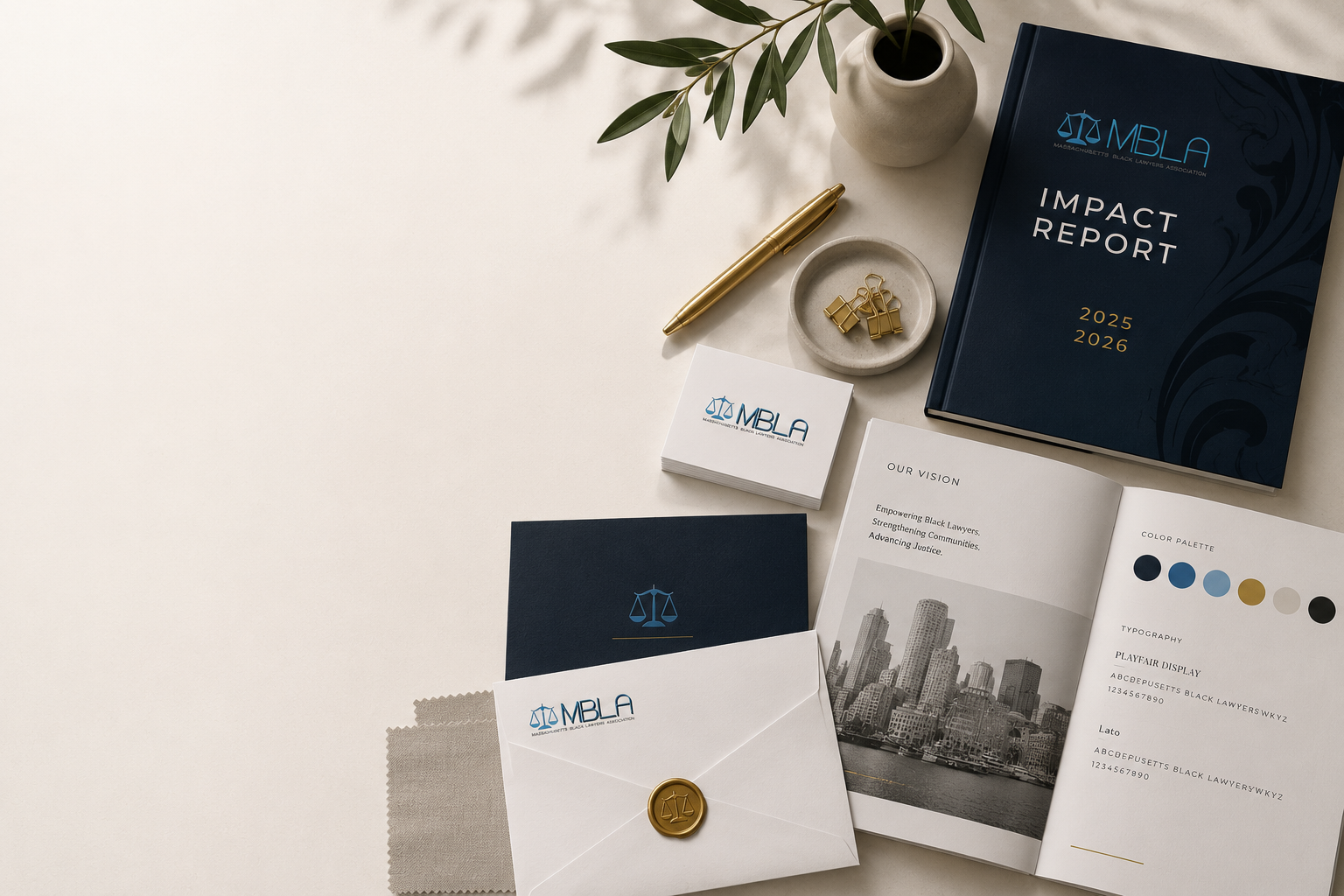 Editorial flat lay showcasing the MBLA brand identity, including an impact report, business cards, stationery, envelope with wax seal, typography guide, and color palette presented in a refined luxury branding presentation.