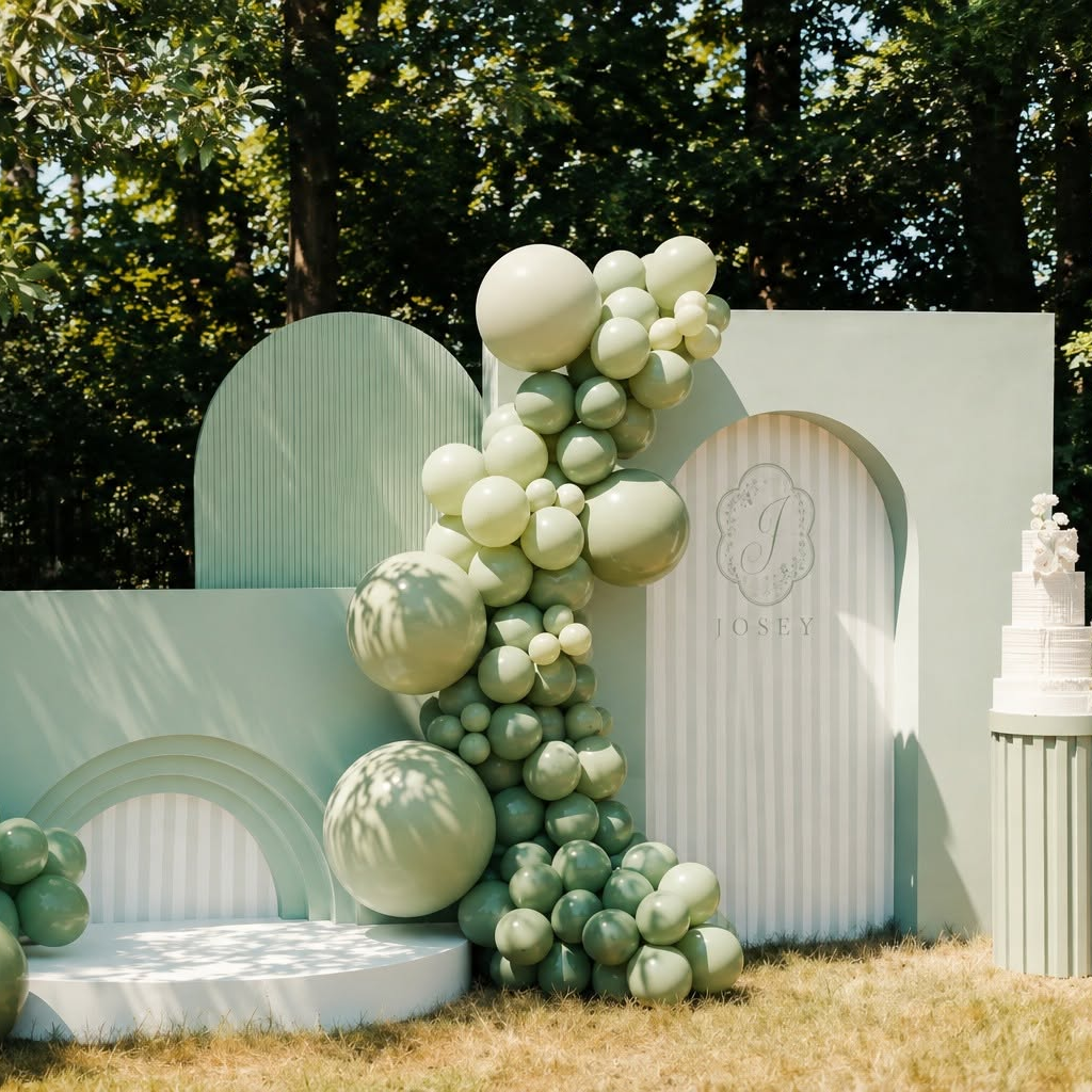 Custom event backdrop featuring oversized architectural panels, balloon installations, and coordinated branding that transforms the celebration space into an immersive guest experience.