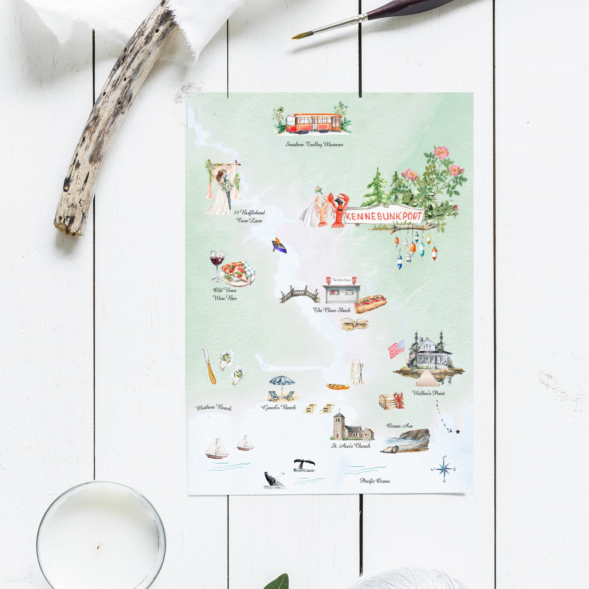 Custom illustrated wedding weekend map of Kennebunkport, Maine featuring hand-painted local landmarks, restaurants, beaches, attractions, ceremony and reception locations, and coastal icons designed as a personalized destination wedding guest guide.
