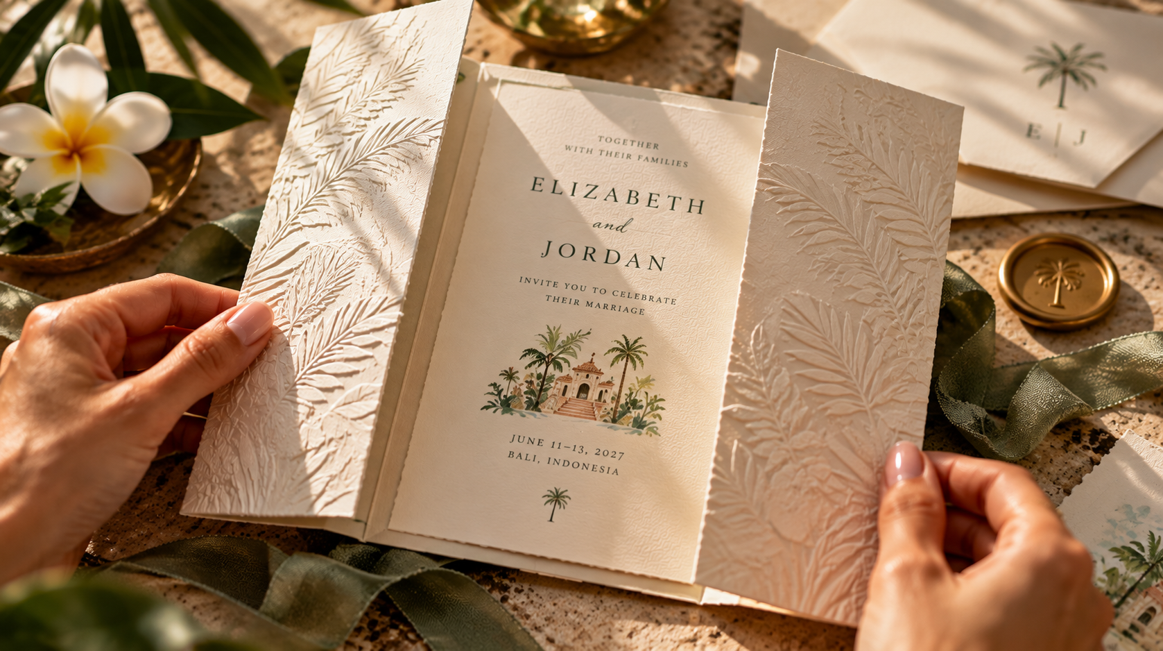 Close-up of hands opening a luxury gatefold wedding invitation featuring blind-embossed botanical details, textured ivory paper and elegant typography, highlighting tactile wedding stationery trends for 2027.