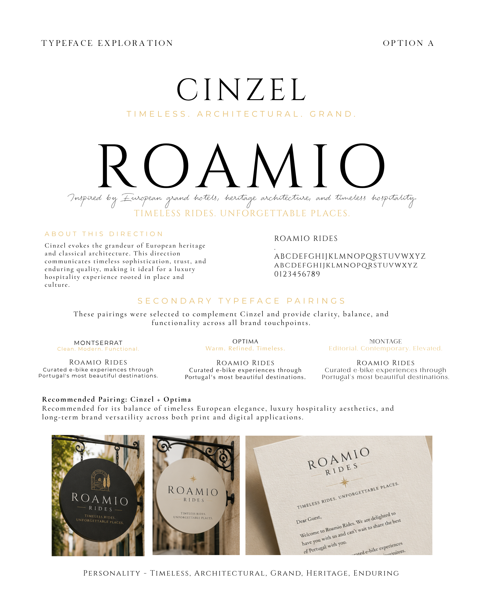Roamio Rides brand identity presentation featuring luxury typography exploration, font pairings, and branded applications.