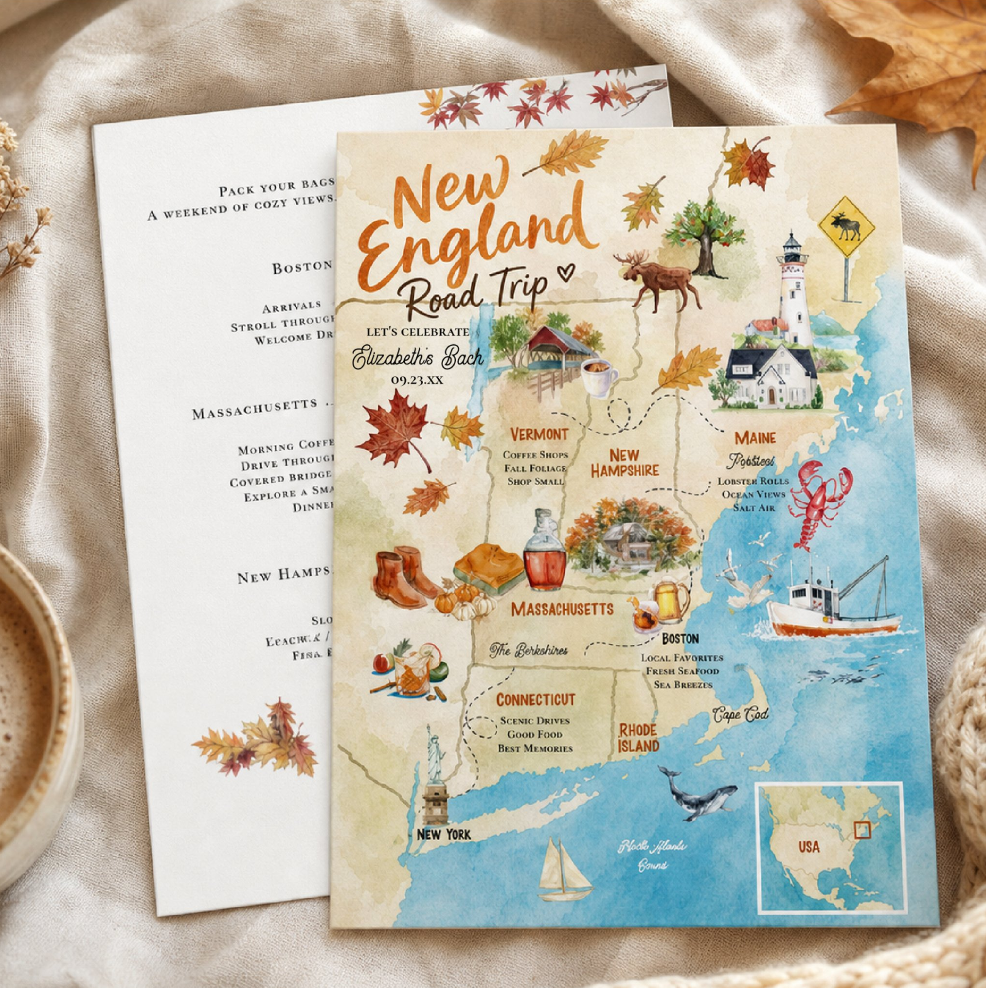 Illustrated New England road trip bachelorette invitation featuring a custom hand-painted map of Massachusetts, Vermont, New Hampshire, Maine, Rhode Island, and Connecticut with personalized travel stops, autumn foliage, coastal landmarks, local icon