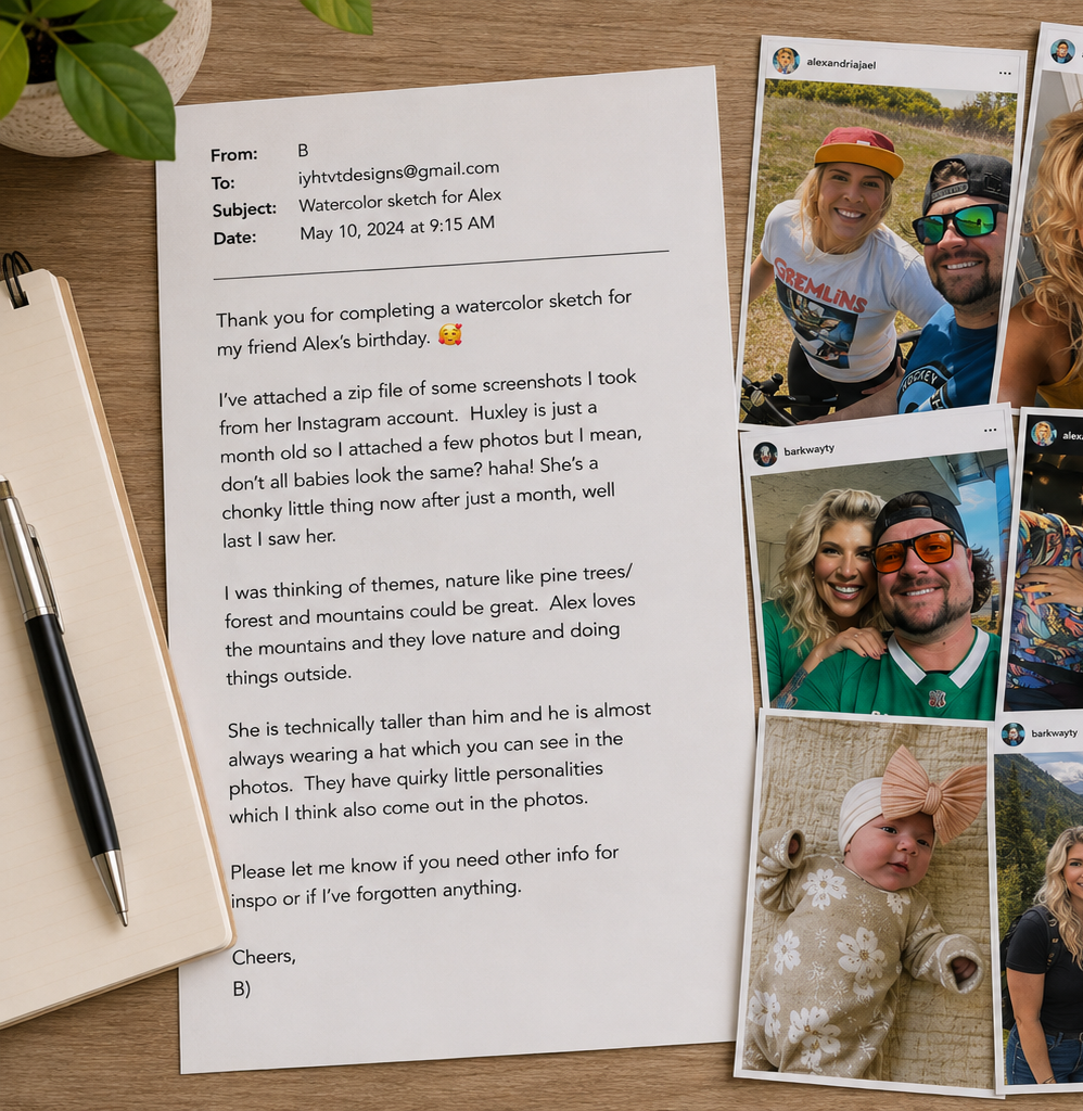 Top-down flat lay of a printed client email beside Instagram photo references showing a couple, their baby, and outdoor lifestyle photos used to inspire a custom illustrated family portrait commission.