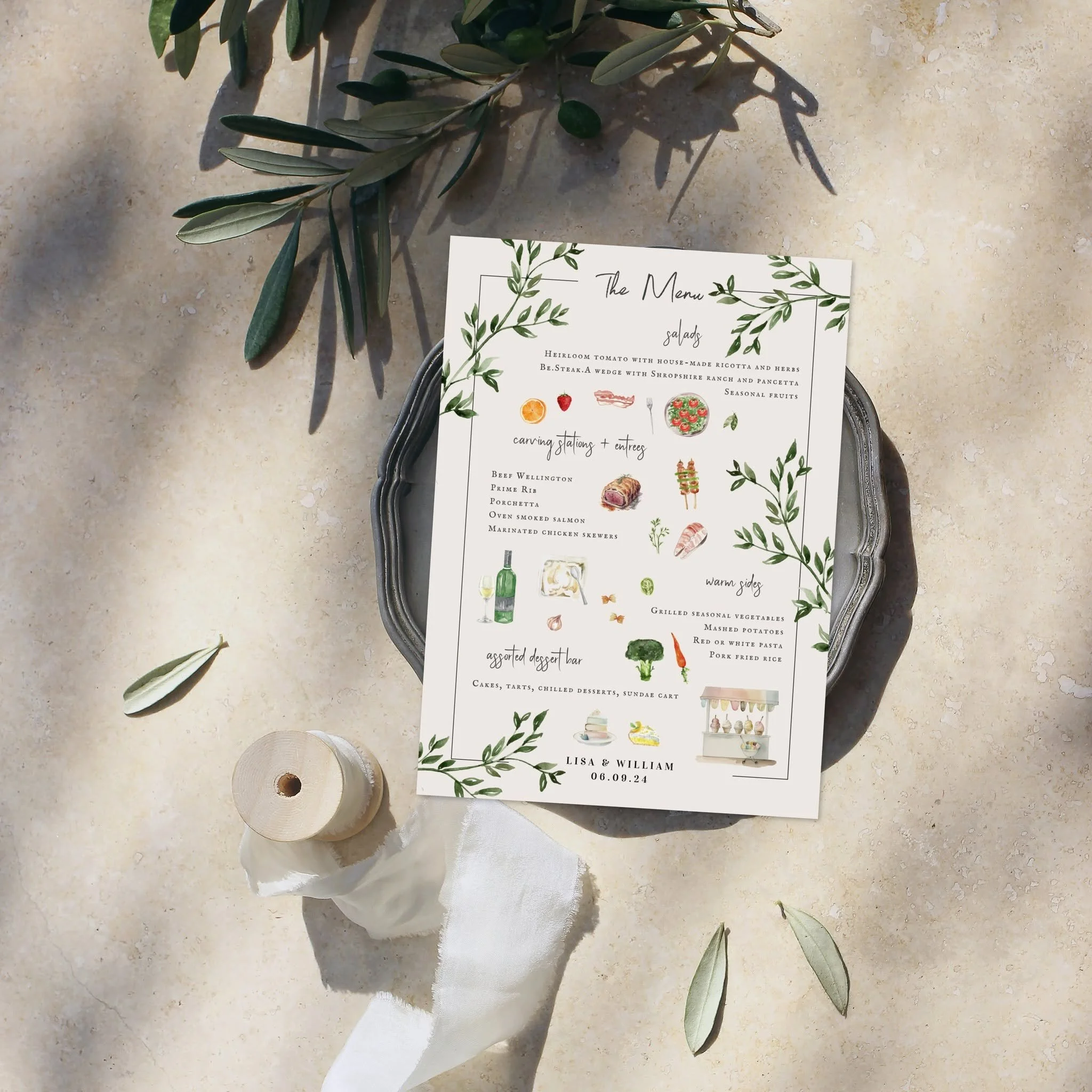 Custom illustrated botanical wedding menu displayed in an editorial flat lay with olive branches and wedding details, accompanying a client testimonial for IYHTVDesigns.