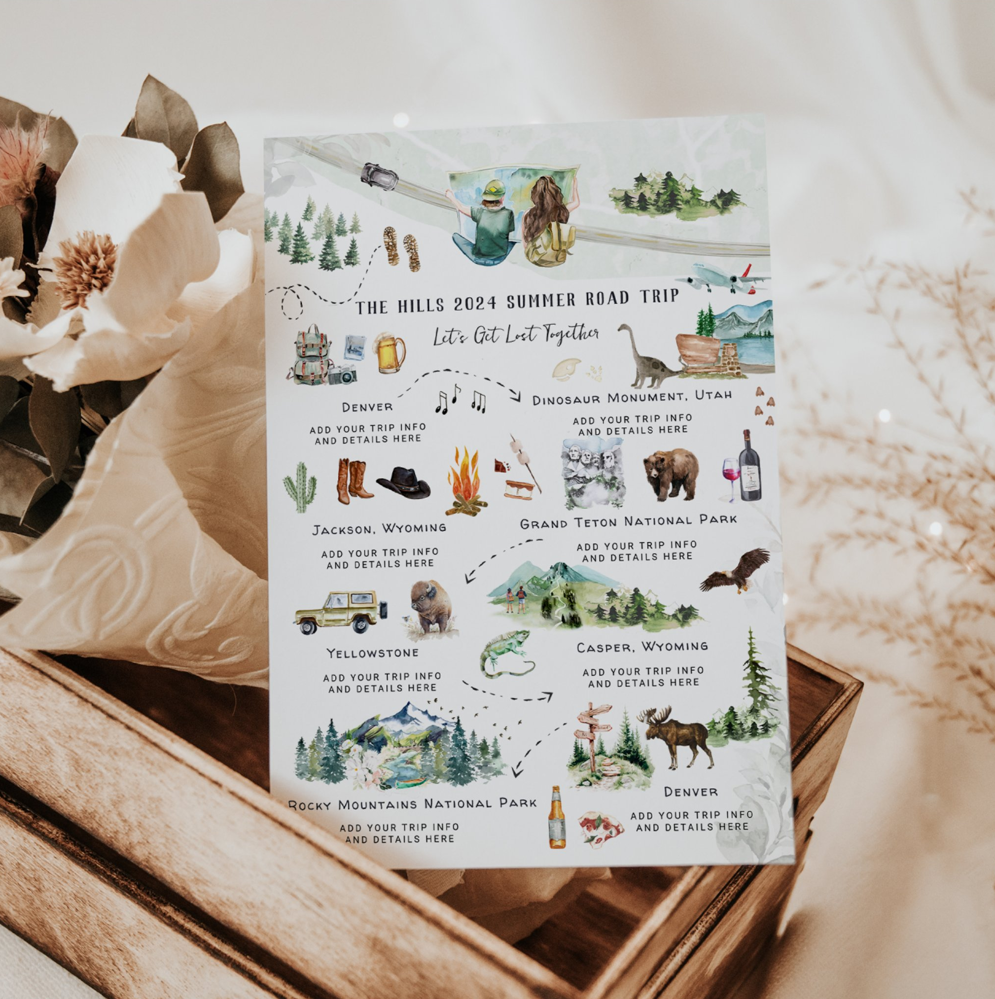 Illustrated road trip itinerary featuring national parks, destination stops, custom travel illustrations, and a personalized cross-country adventure guide.