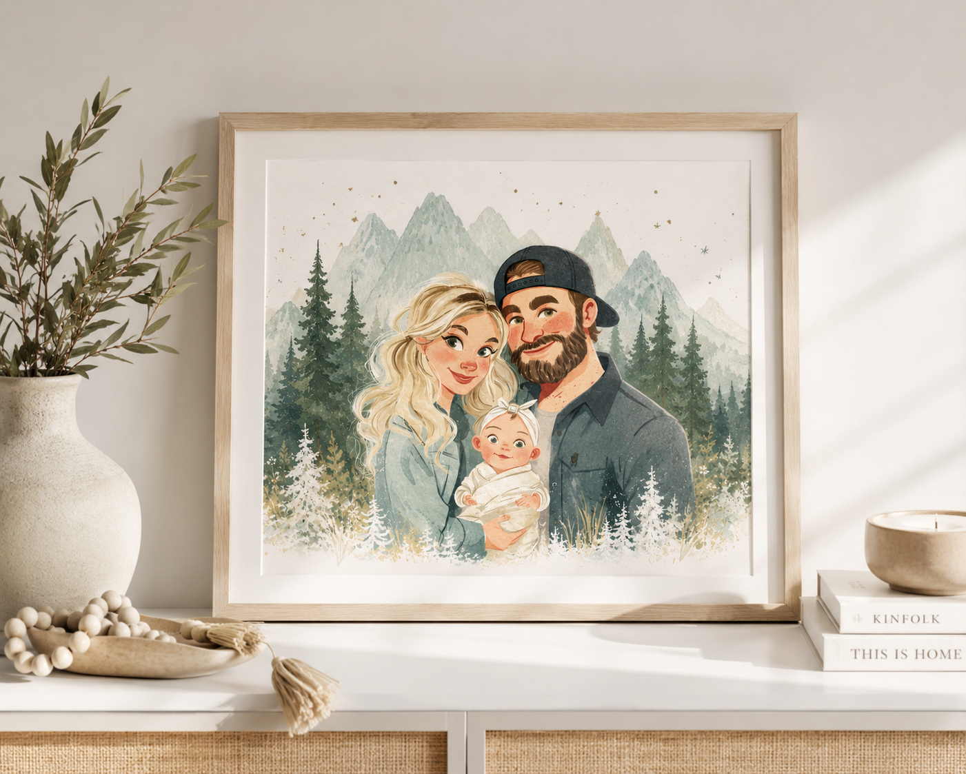 Framed custom family portrait displayed in a bright modern home featuring a personalized watercolor illustration of a couple and their baby surrounded by pine trees and mountain scenery.