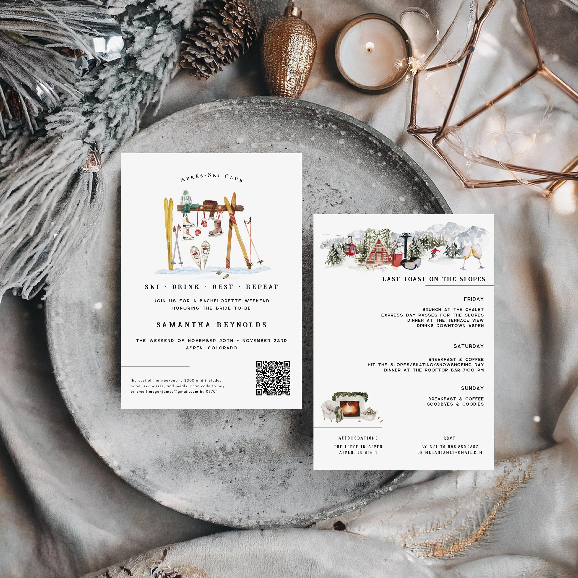 Illustrated après-ski bachelorette party invitation and weekend itinerary featuring hand-painted winter ski gear, alpine cabins, snowy mountain scenery, ski lifts, cozy fireplaces, and personalized weekend events. The custom design includes a QR code