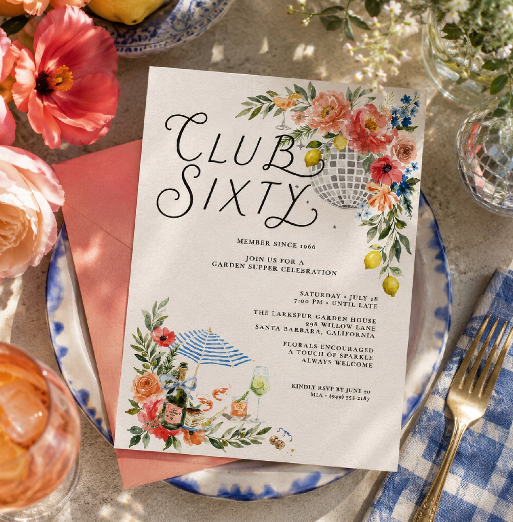 Personalized milestone birthday invitation featuring custom signature lettering, watercolor florals, disco ball accents, and coastal garden illustrations for an elegant celebration.