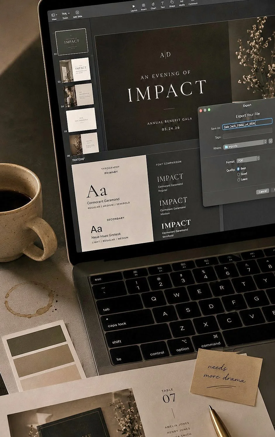 Editorial branding workspace featuring a laptop displaying a custom brand identity presentation alongside typography studies, color palettes, stationery mockups, and design concepts.