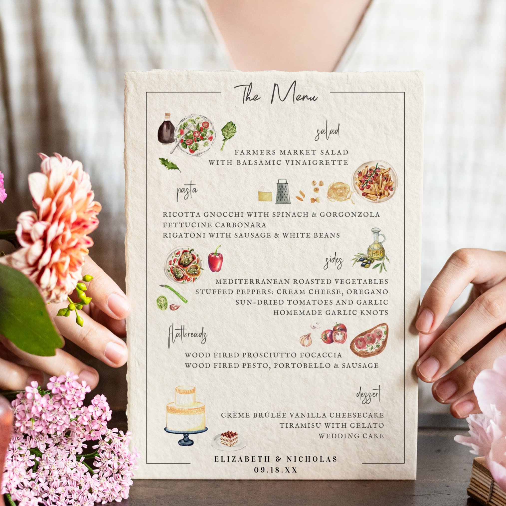 Custom illustrated wedding menu featuring hand-painted watercolor food illustrations, elegant typography and personalized menu design created as part of a cohesive wedding guest experience.