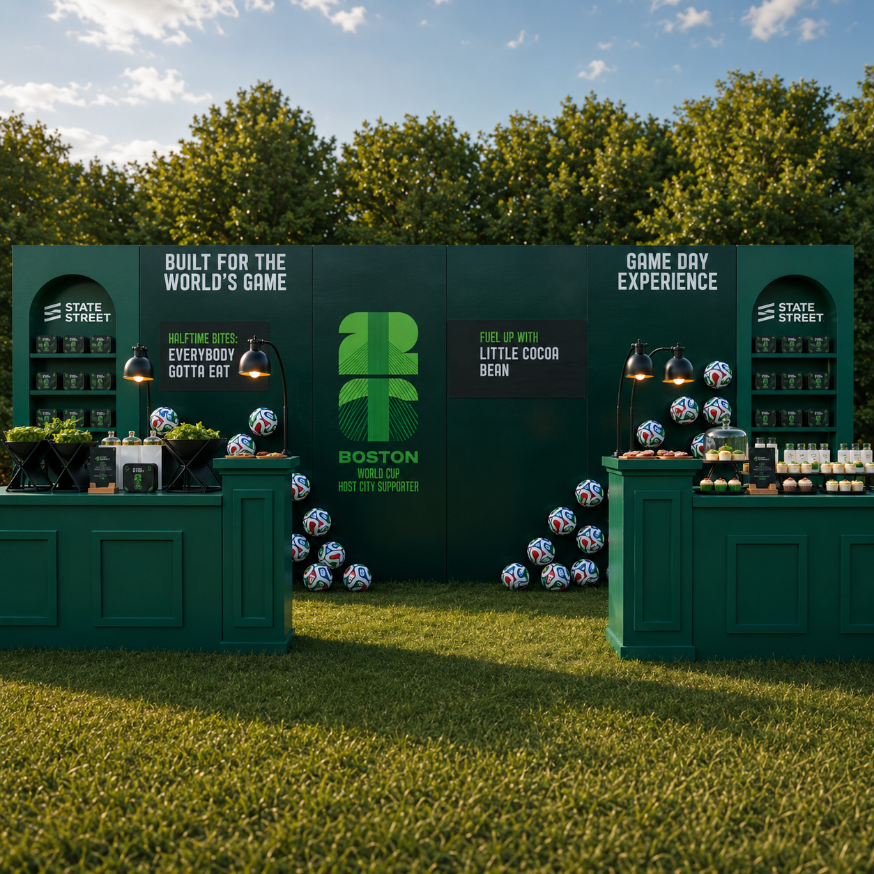 Large-scale FIFA World Cup event activation featuring a custom 28-foot branded wall, environmental graphics, product display arches, food service stations, and immersive hospitality branding.