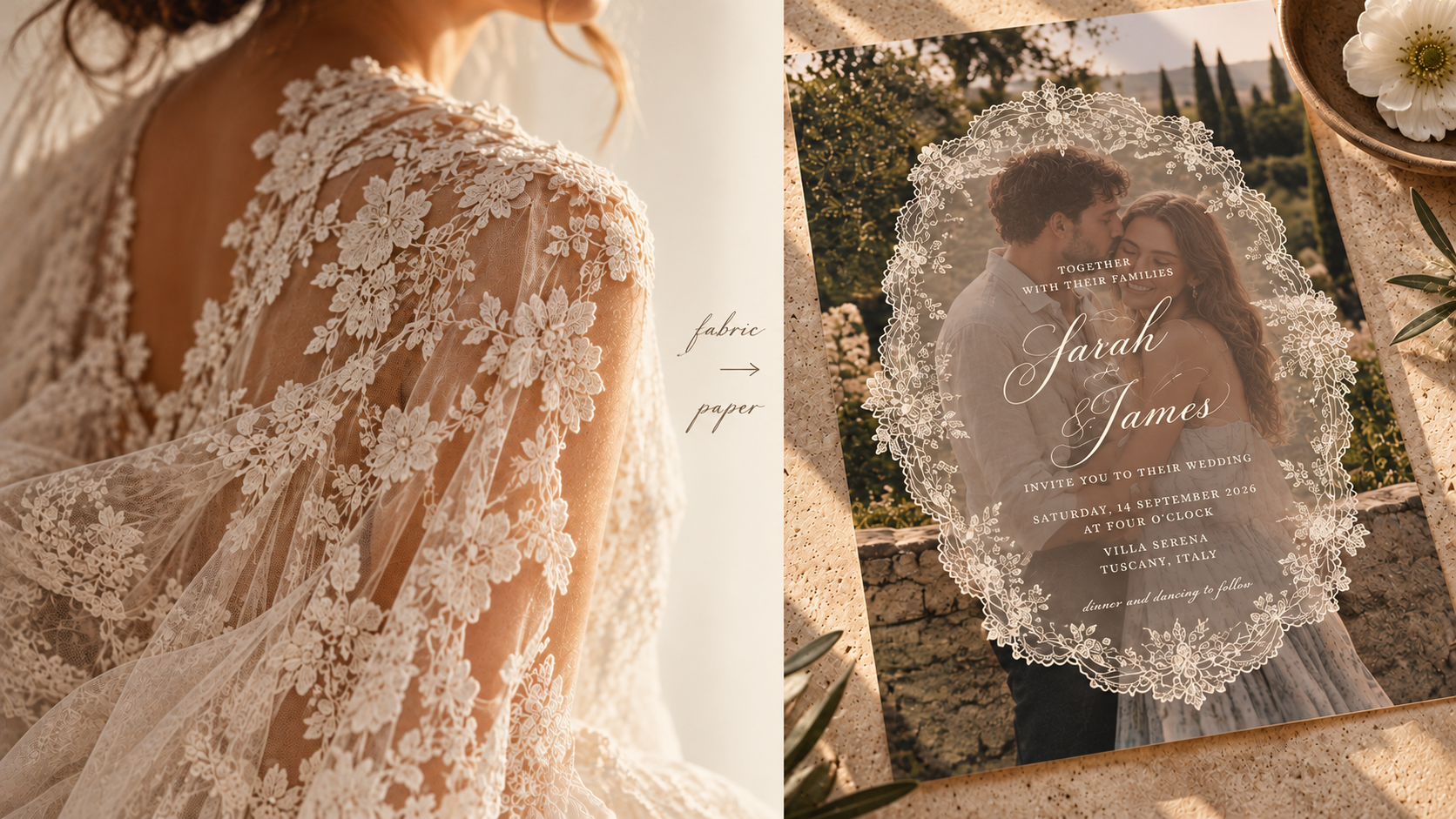 Editorial comparison of delicate bridal lace and a photo wedding invitation featuring a translucent lace-inspired oval illustration, showing how bridal fashion influences 2027 wedding stationery design.