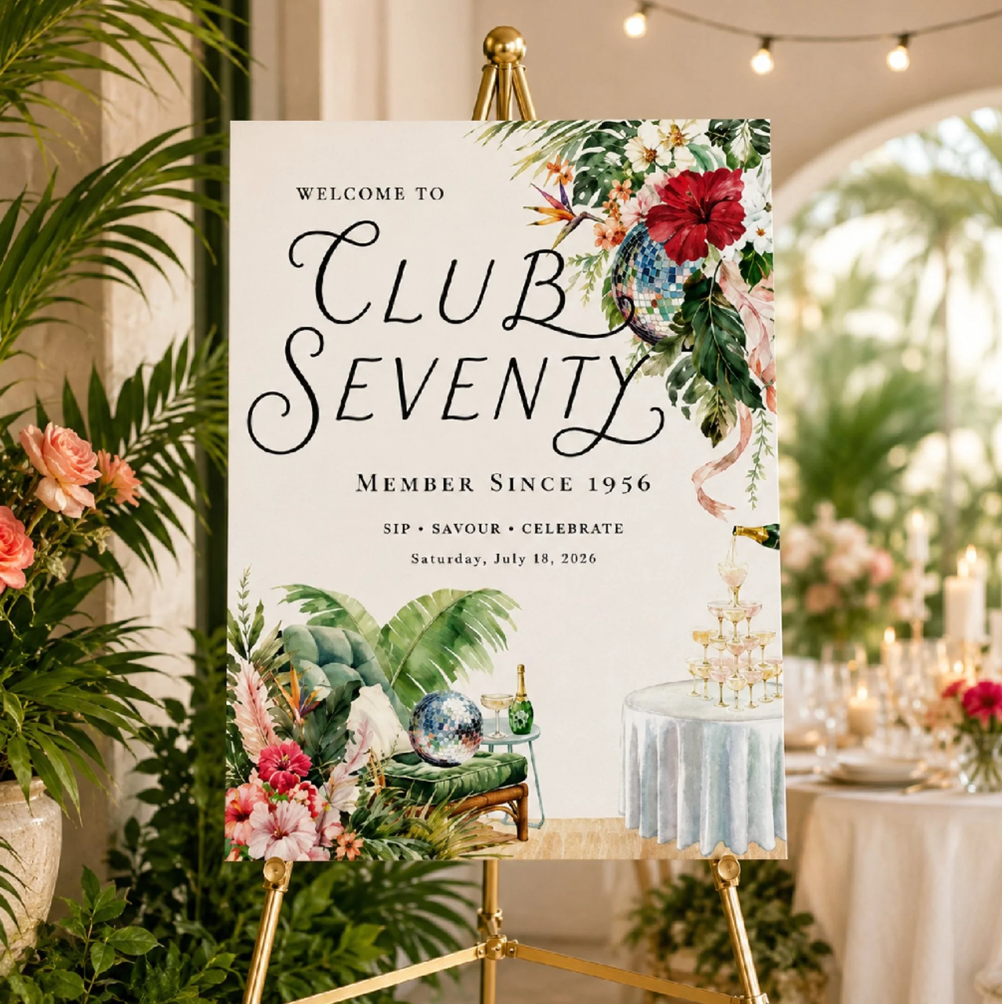 Personalized welcome sign featuring custom signature lettering, tropical watercolor florals, disco ball accents, and elegant event branding for milestone birthdays and celebrations.