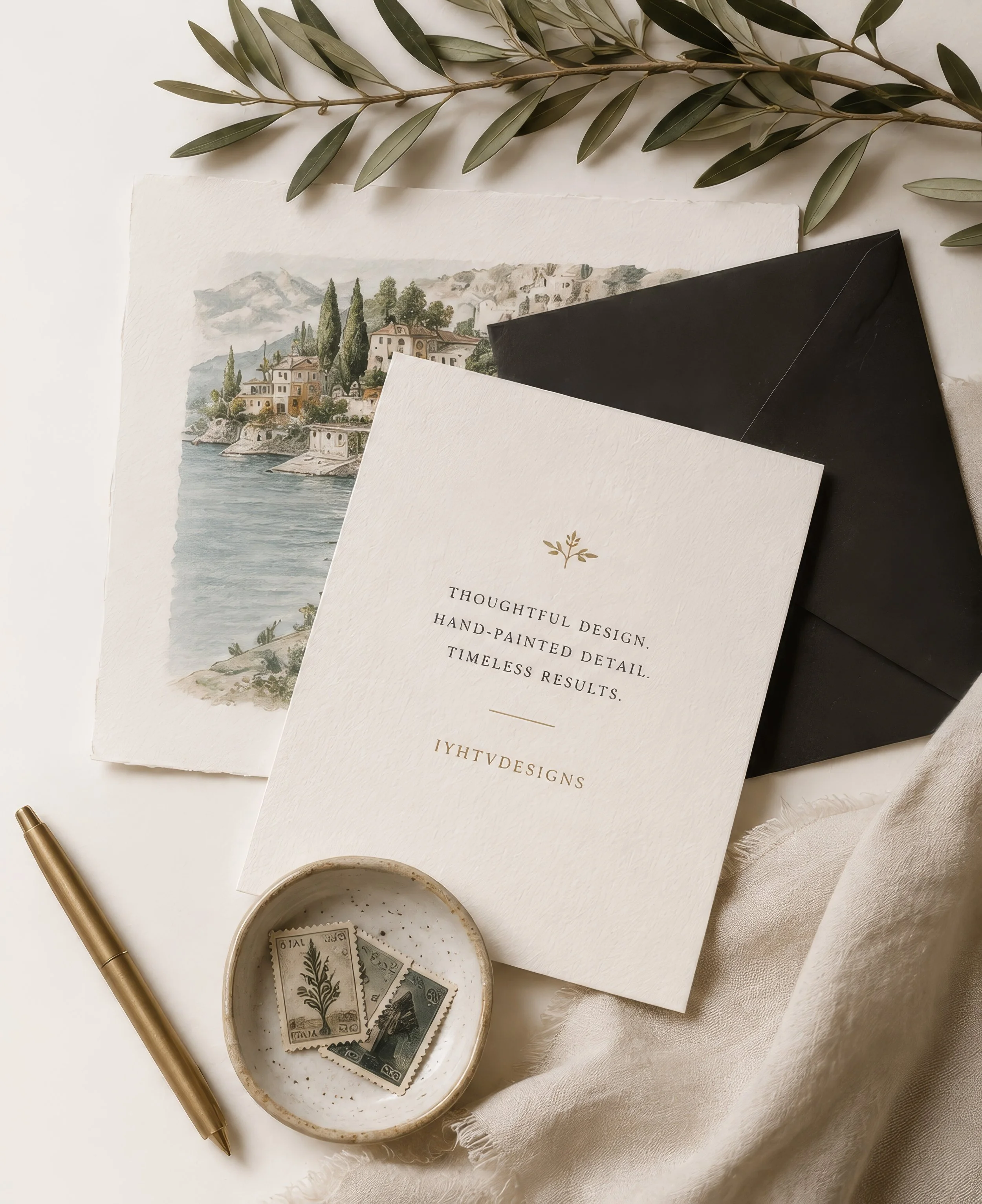 Luxury stationery and hand-painted watercolor illustration representing bespoke custom design services, personalized creative projects, and tailored artwork by IYHTVDesigns.