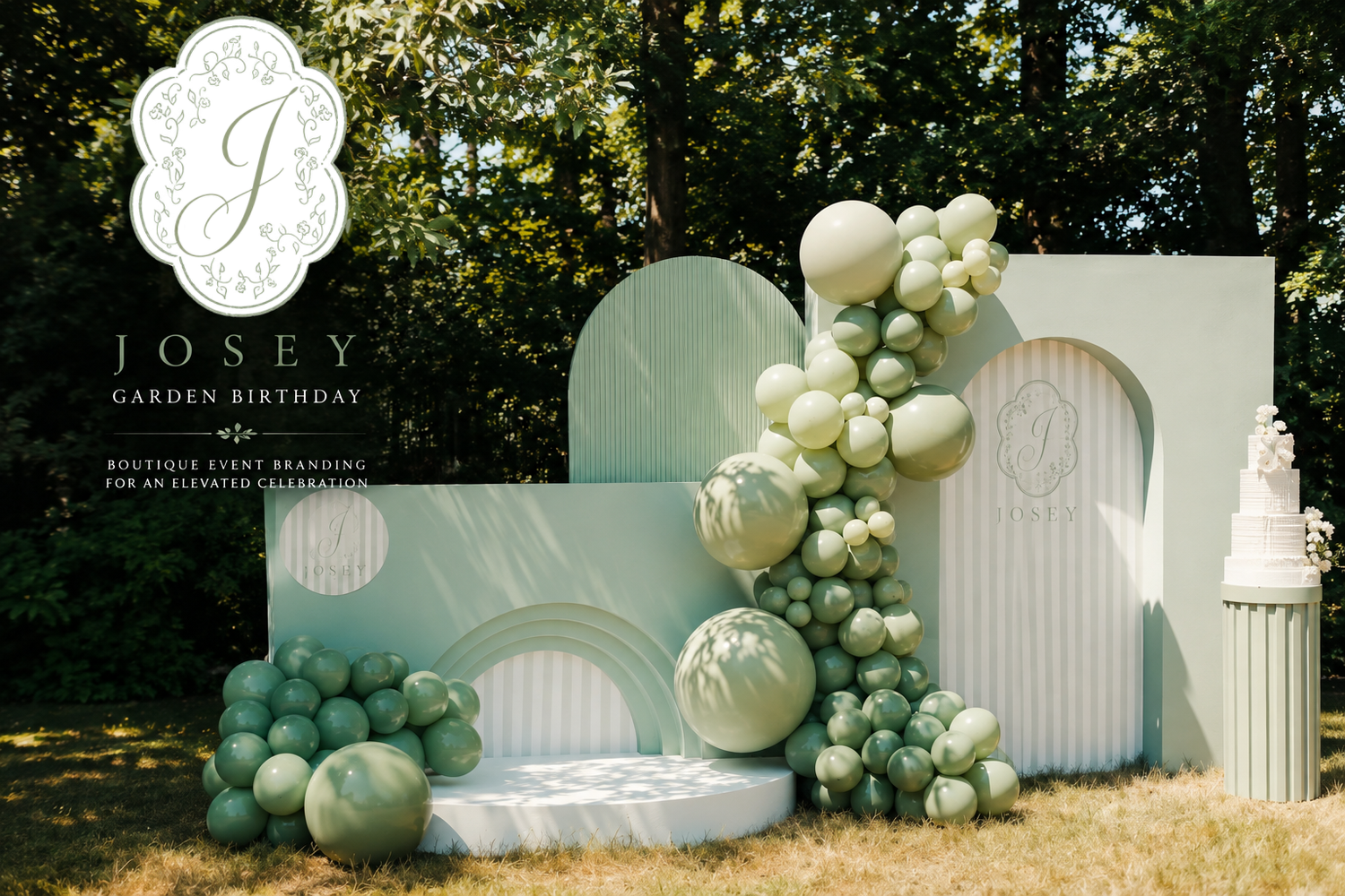 Outdoor garden birthday installation for Josey featuring sage green event branding, a custom monogram, layered backdrop, balloon installation and coordinated cake display.