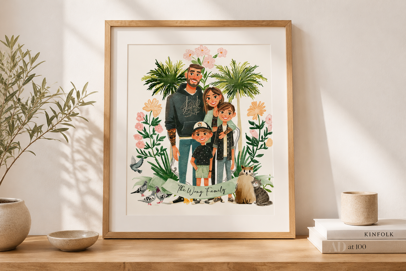 Framed custom family portrait illustration created from photos, featuring parents, children, pets, and personalized watercolor-inspired artwork displayed as a meaningful keepsake in a bright modern home.