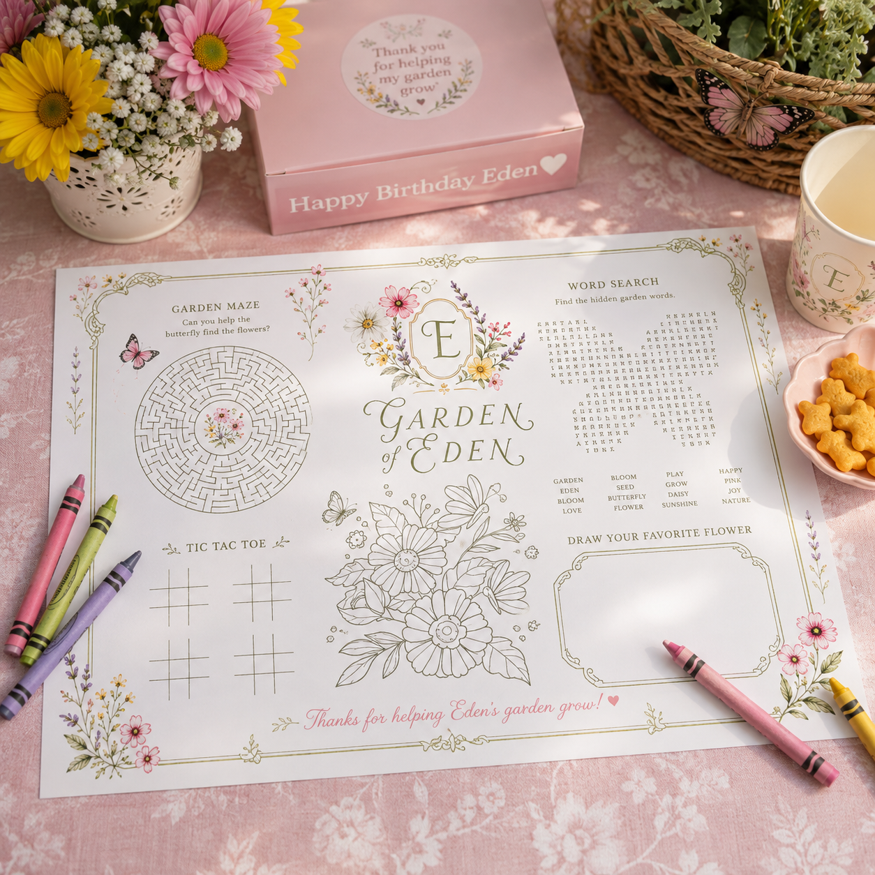 Illustrated garden themed children's activity placemat featuring a floral maze, butterfly word search, coloring activities and games for a first birthday celebration.