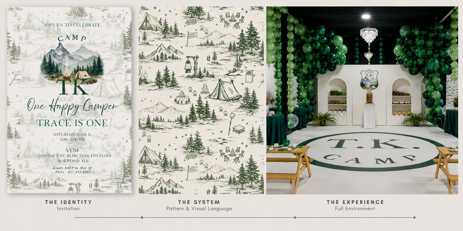 Camp T.K. event branding progression showing the custom birthday invitation, illustrated camping pattern, and finished event environment with coordinated graphics and décor.