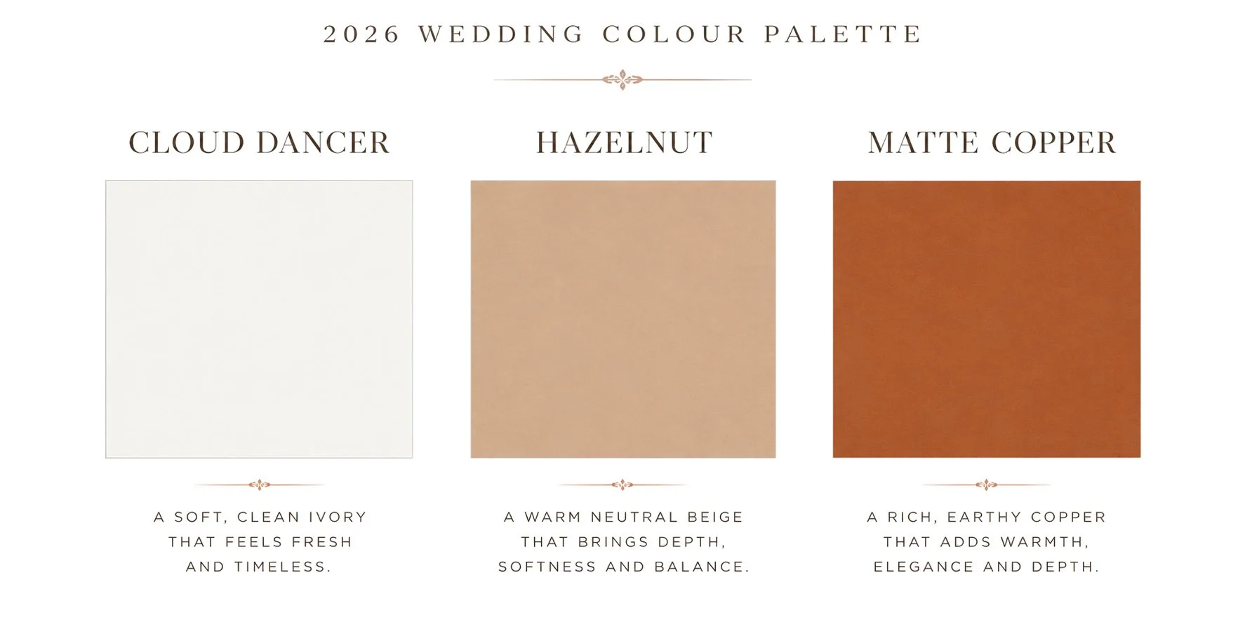 Three colour swatches labelled Cloud Dancer, Hazelnut, and Matte Copper, illustrating a warm neutral wedding colour palette for 2026.