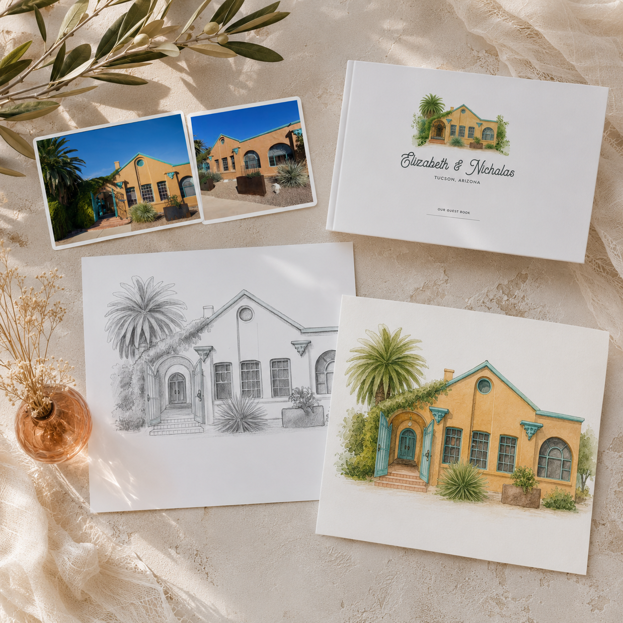 Flat lay showcasing the creative process behind a custom Tucson, Arizona wedding guest book, featuring venue reference photos, the original pencil sketch, the finished hand-painted watercolor illustration, and the completed guest book cover with the 