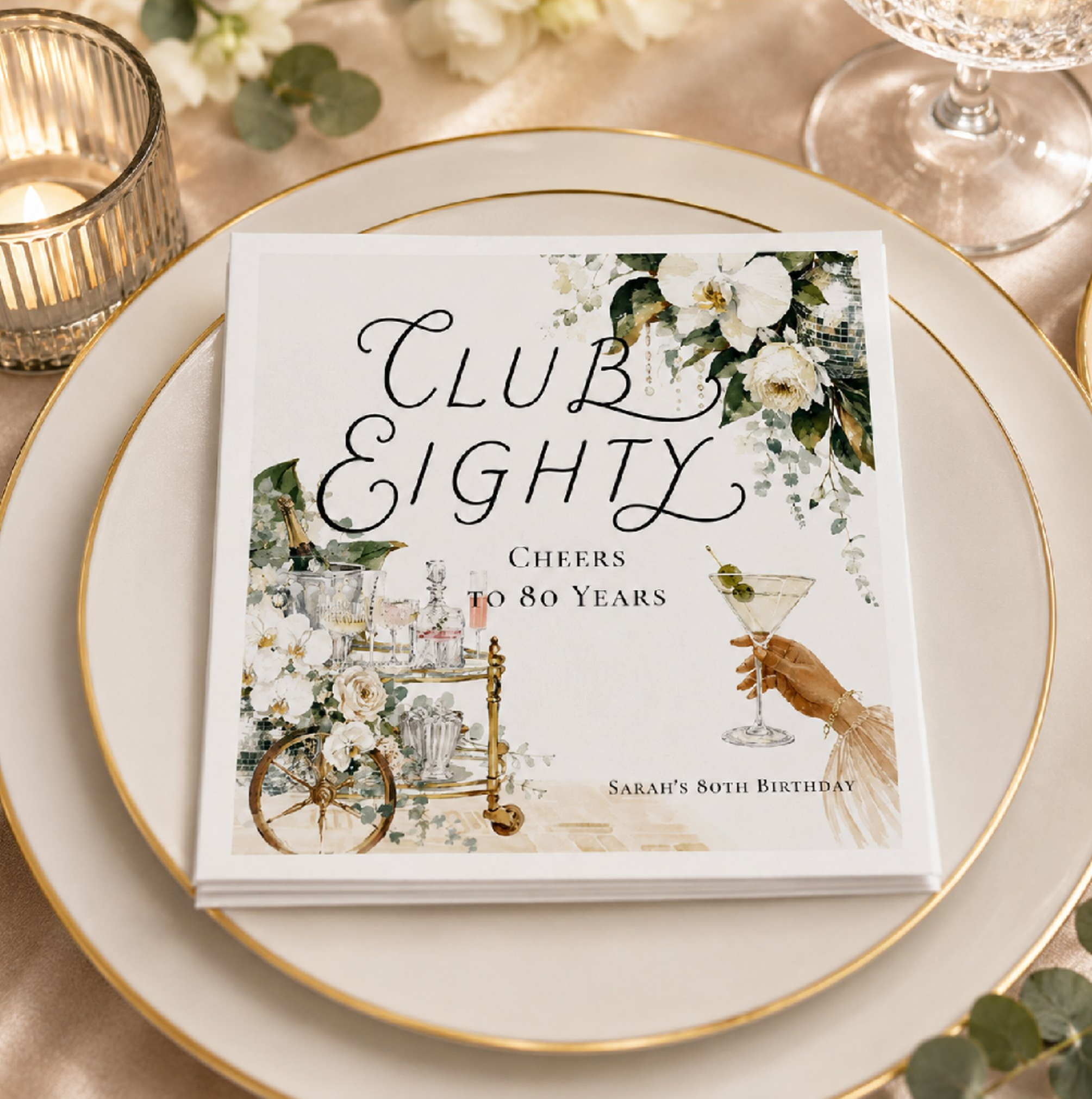 Personalized cocktail napkins featuring custom signature lettering, elegant watercolor florals, and sophisticated event branding for milestone birthdays and celebrations.