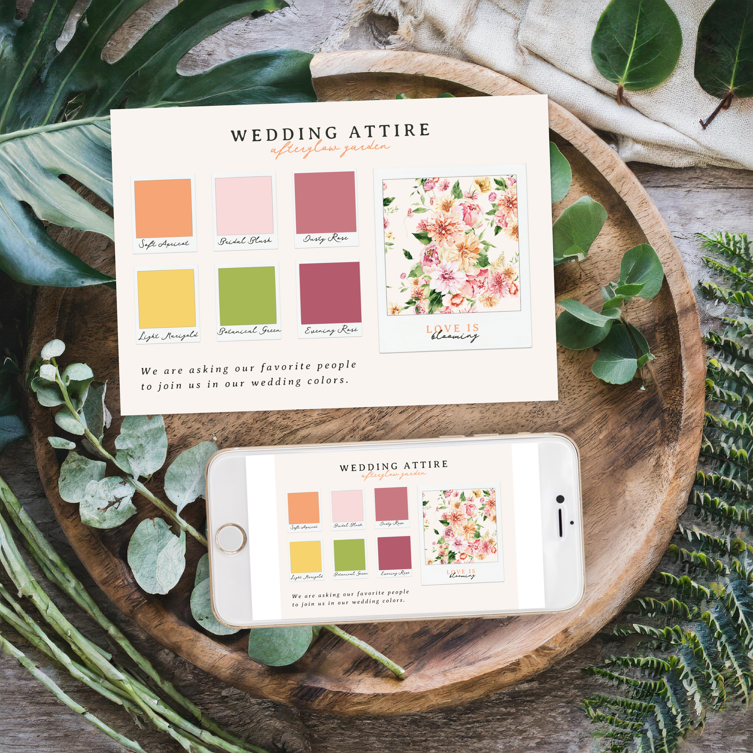 Flat lay of an Afterglow Garden wedding attire color palette card featuring blush, peach, yellow, and green floral tones with watercolor flowers and soft botanical styling.