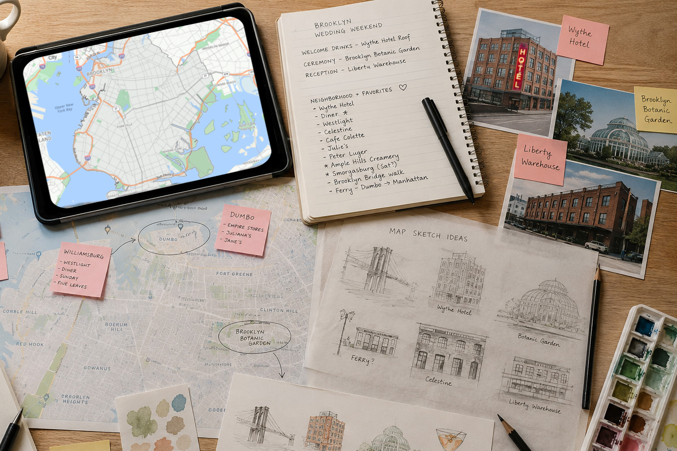 Behind-the-scenes workspace showing the research, planning, and sketching process for a custom illustrated Brooklyn wedding weekend map with venue references, notes, and watercolor studies.